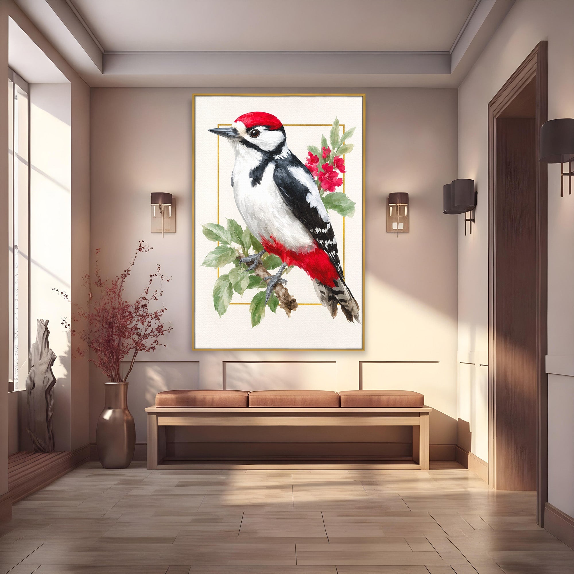 Tablou Canvas Premium LuxCanva® M1628, Ciocanitoare Pe Ramura, Ciocanitoare, Pasare, Natura, Botanic, Dormitor, Culori Vibrante