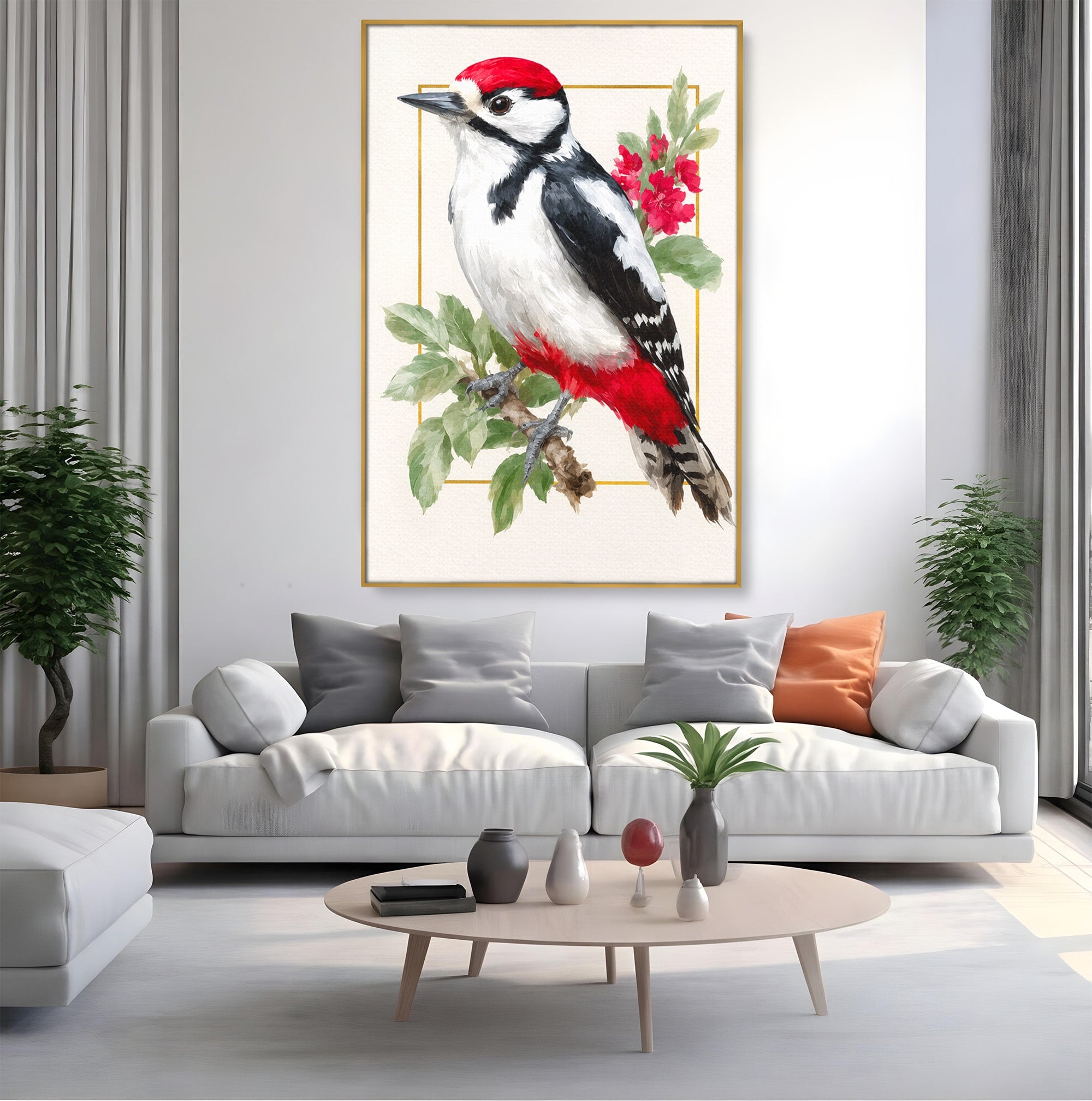 Tablou Canvas Premium LuxCanva® M1628, Ciocanitoare Pe Ramura, Ciocanitoare, Pasare, Natura, Botanic, Dormitor, Culori Vibrante