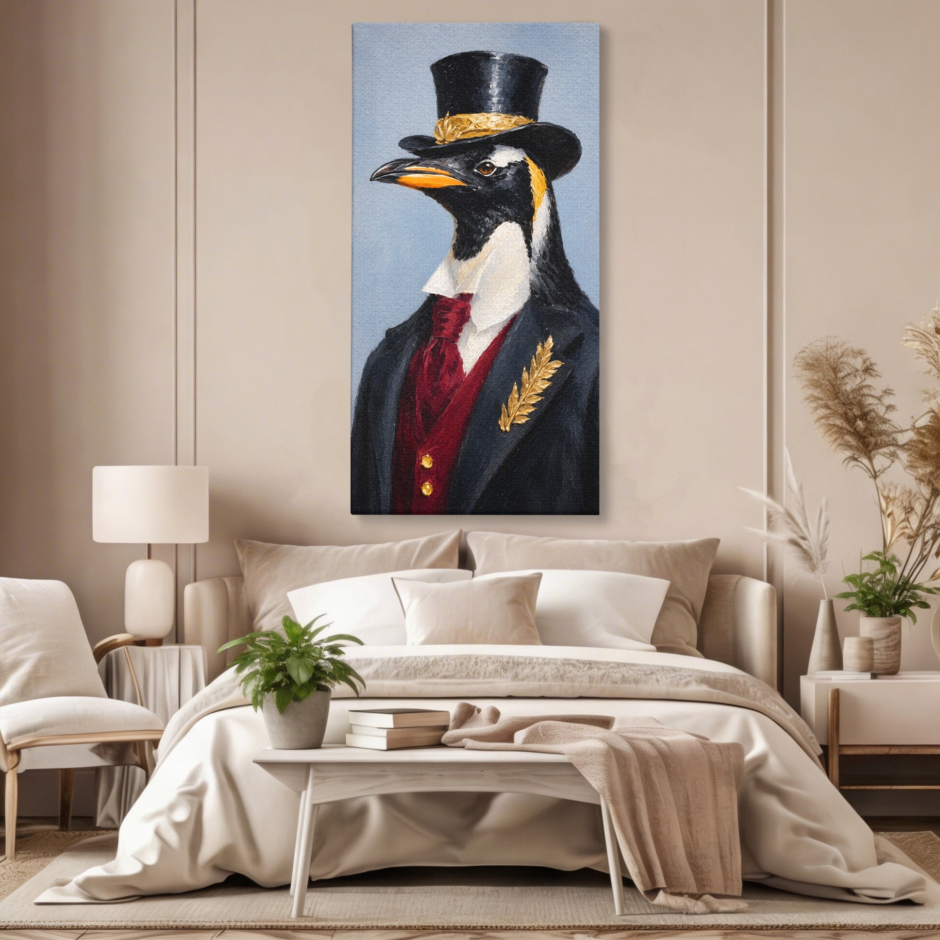 Tablou Canvas Premium LuxCanva® M1629, Pinguin Elegant, Pinguin, Eleganta, Animale, Costum, Birou, Culori Vibrante