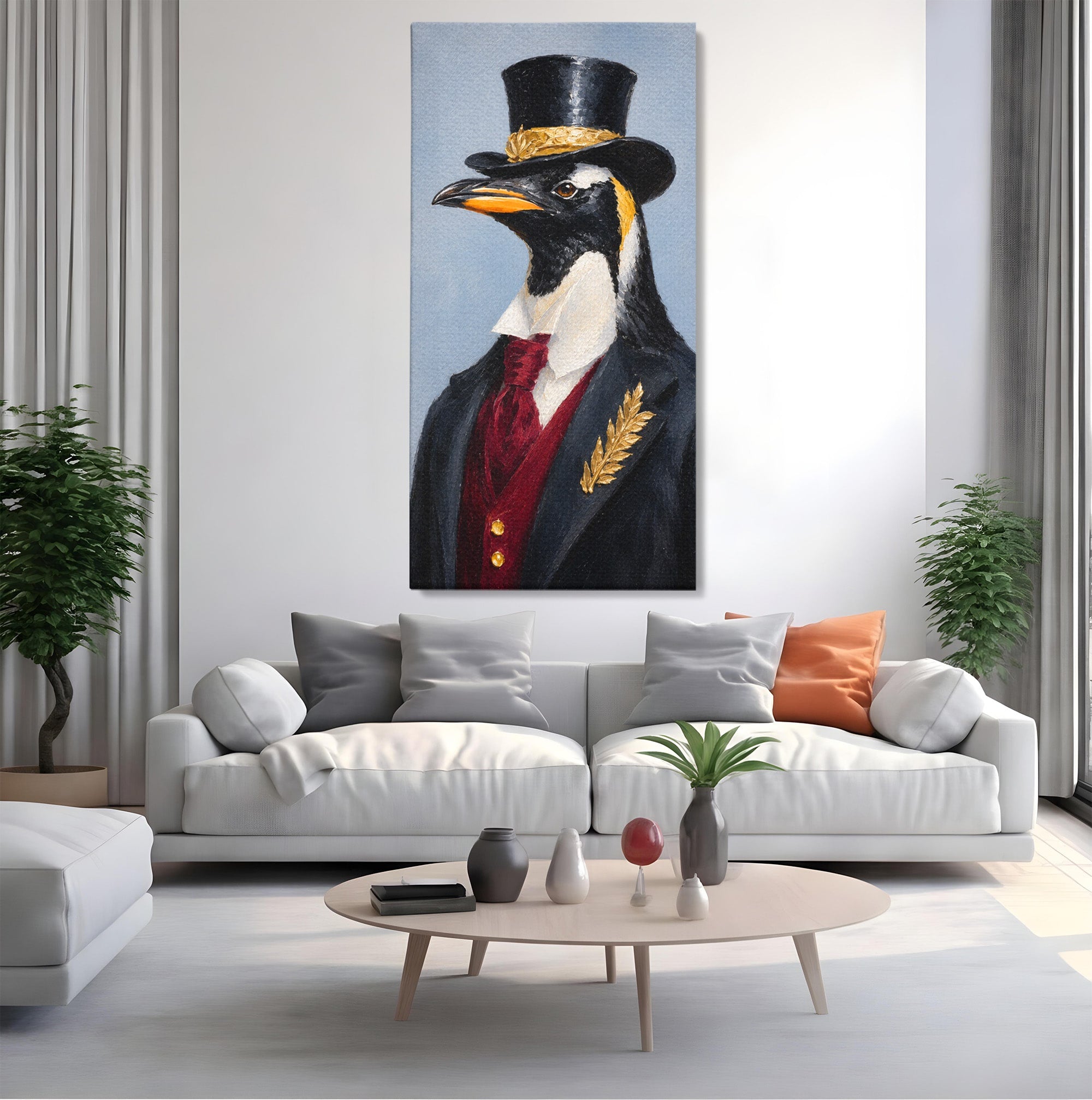 Tablou Canvas Premium LuxCanva® M1629, Pinguin Elegant, Pinguin, Eleganta, Animale, Costum, Birou, Culori Vibrante