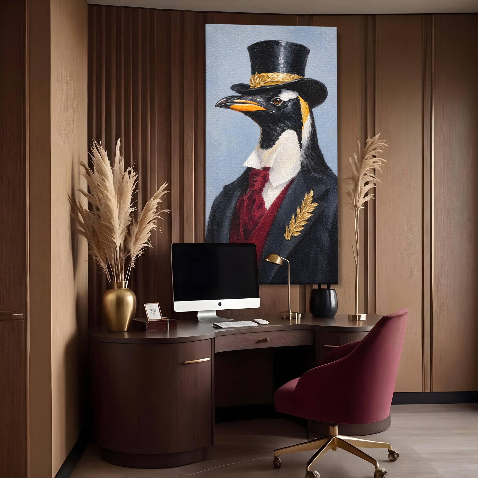 Tablou Canvas Premium LuxCanva® M1629, Pinguin Elegant, Pinguin, Eleganta, Animale, Costum, Birou, Culori Vibrante