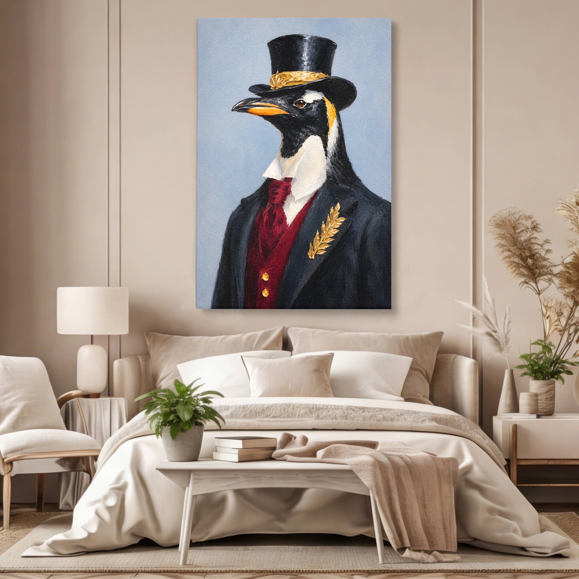 Tablou Canvas Premium LuxCanva® M1629, Pinguin Elegant, Pinguin, Eleganta, Animale, Costum, Birou, Culori Vibrante