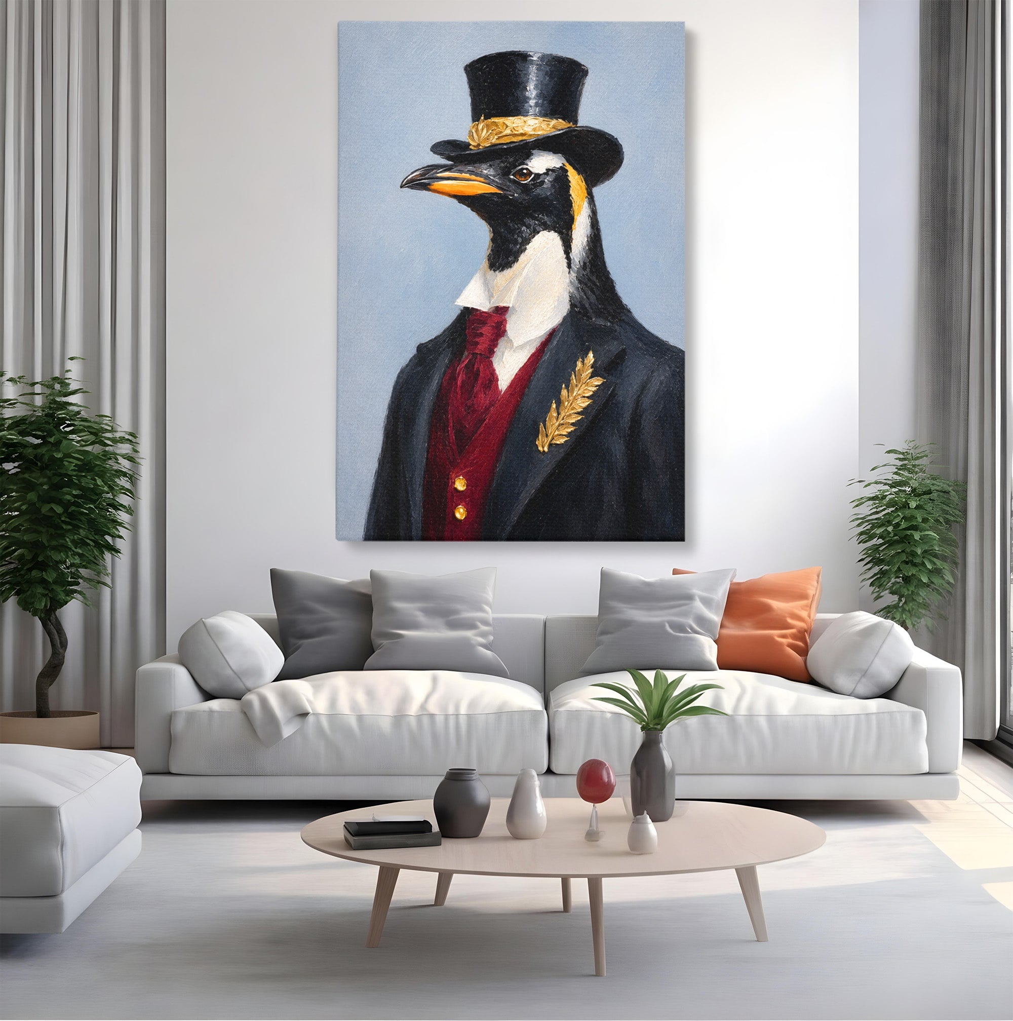 Tablou Canvas Premium LuxCanva® M1629, Pinguin Elegant, Pinguin, Eleganta, Animale, Costum, Birou, Culori Vibrante