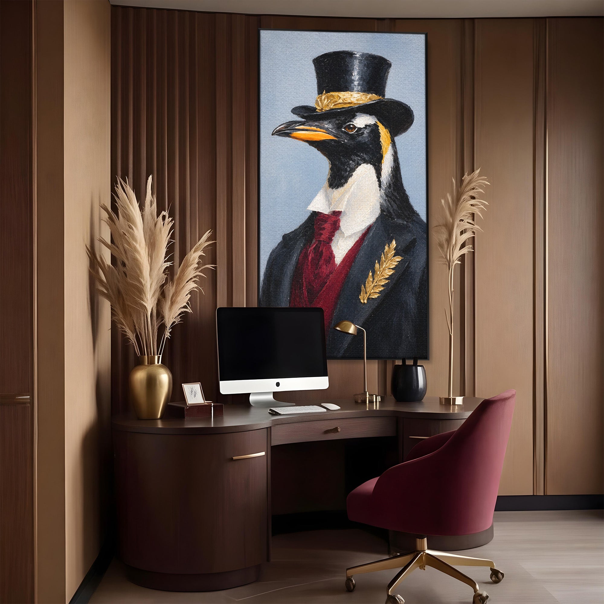 Tablou Canvas Premium LuxCanva® M1629, Pinguin Elegant, Pinguin, Eleganta, Animale, Costum, Birou, Culori Vibrante