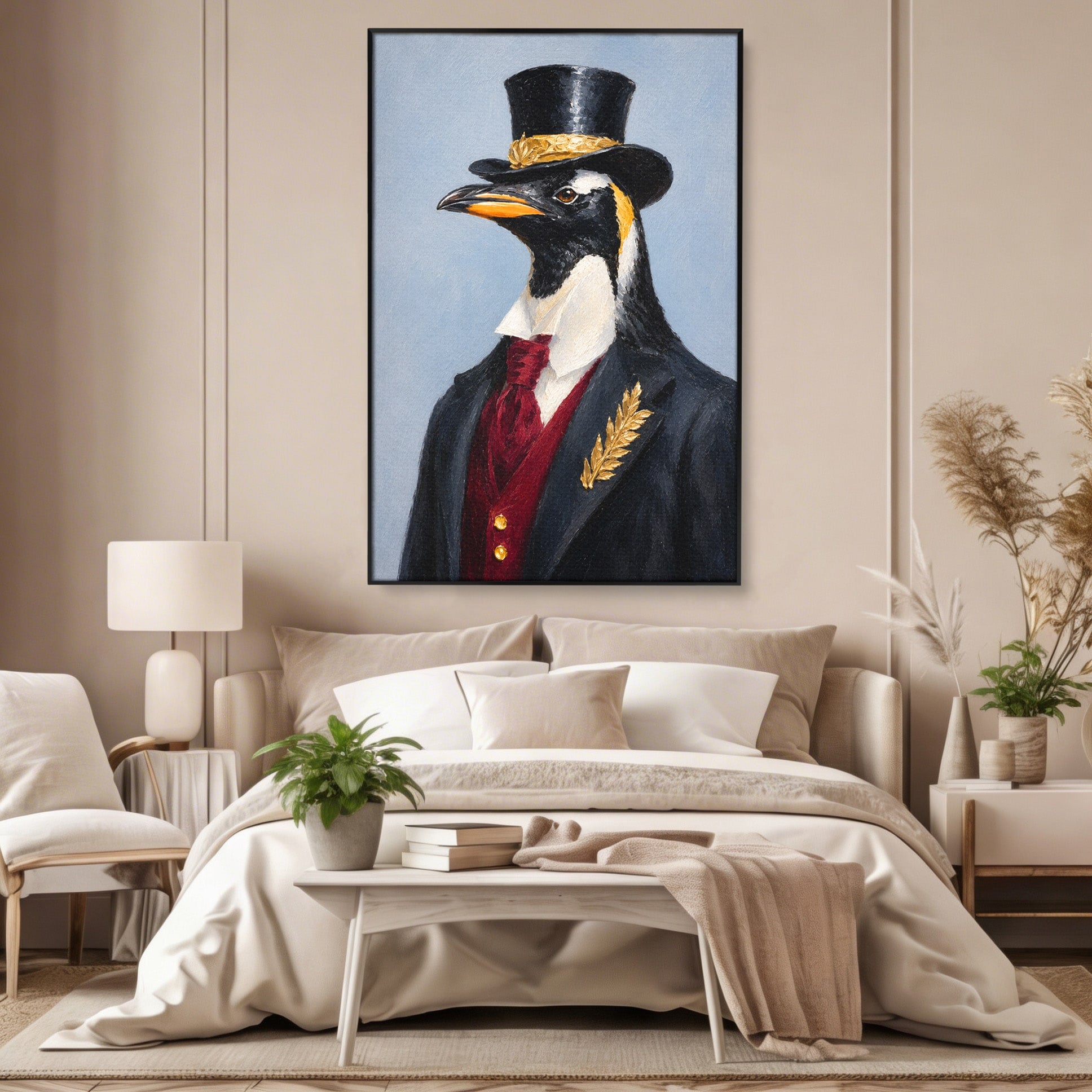 Tablou Canvas Premium LuxCanva® M1629, Pinguin Elegant, Pinguin, Eleganta, Animale, Costum, Birou, Culori Vibrante