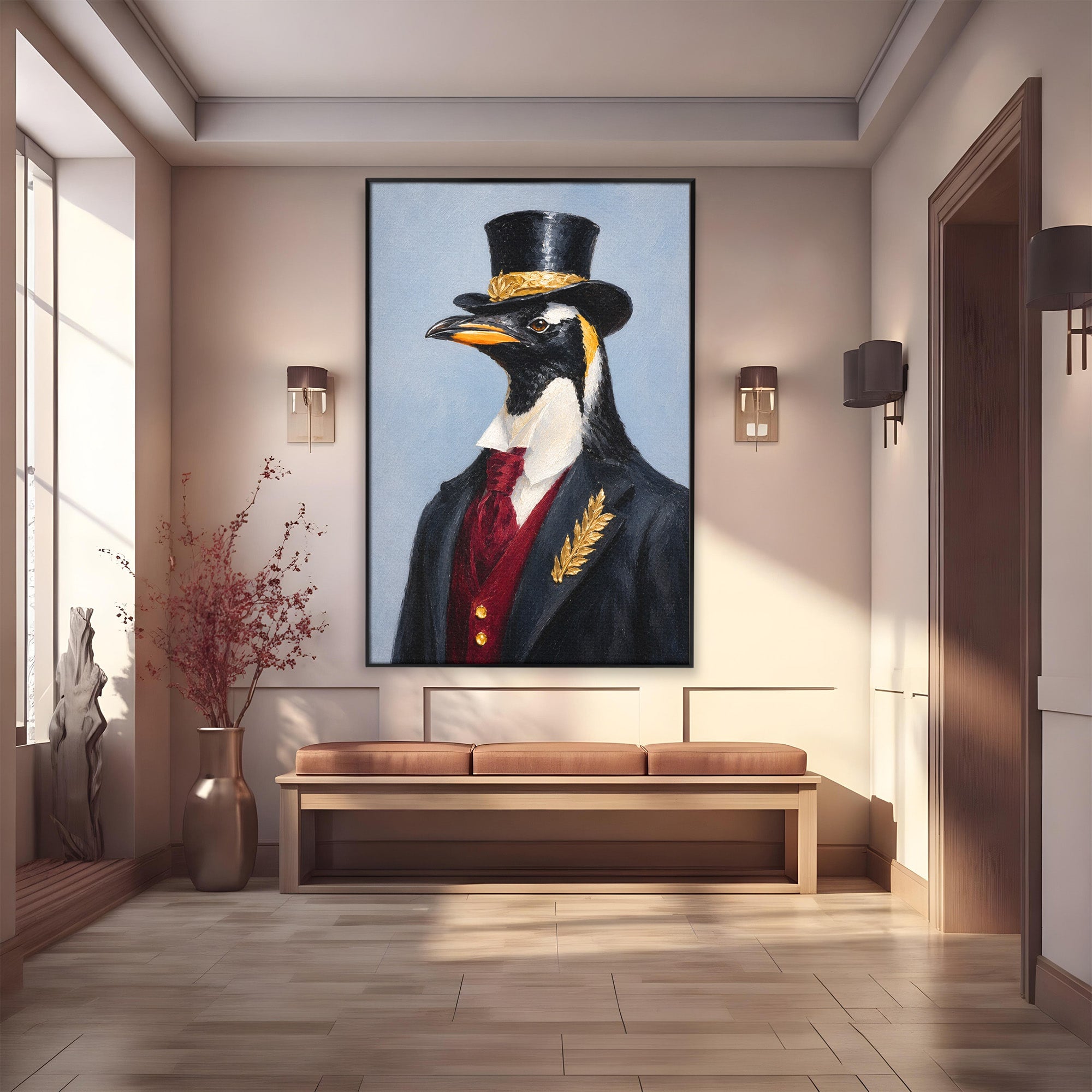 Tablou Canvas Premium LuxCanva® M1629, Pinguin Elegant, Pinguin, Eleganta, Animale, Costum, Birou, Culori Vibrante
