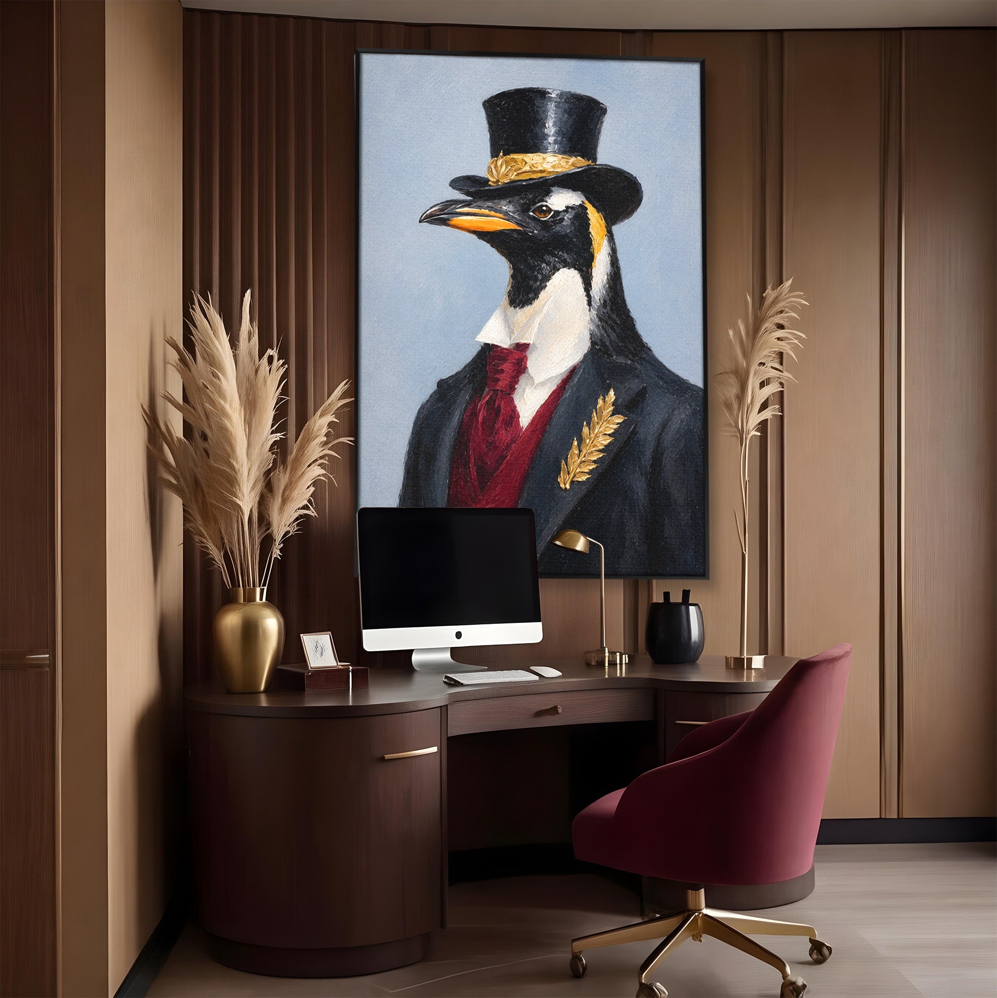 Tablou Canvas Premium LuxCanva® M1629, Pinguin Elegant, Pinguin, Eleganta, Animale, Costum, Birou, Culori Vibrante