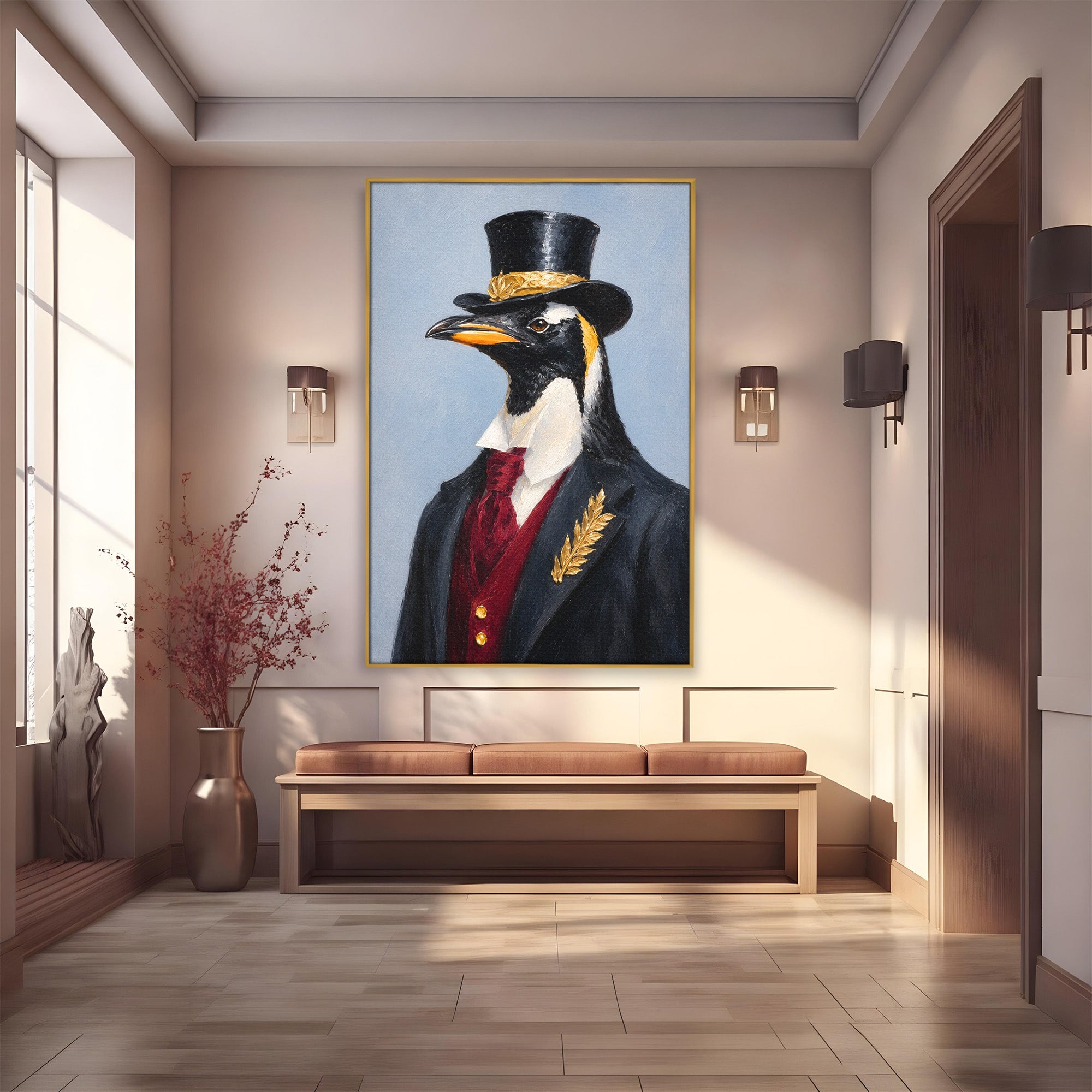 Tablou Canvas Premium LuxCanva® M1629, Pinguin Elegant, Pinguin, Eleganta, Animale, Costum, Birou, Culori Vibrante