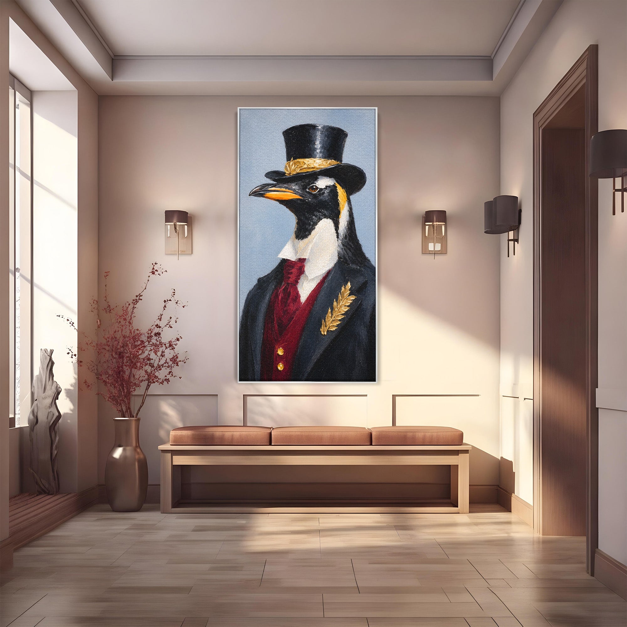 Tablou Canvas Premium LuxCanva® M1629, Pinguin Elegant, Pinguin, Eleganta, Animale, Costum, Birou, Culori Vibrante
