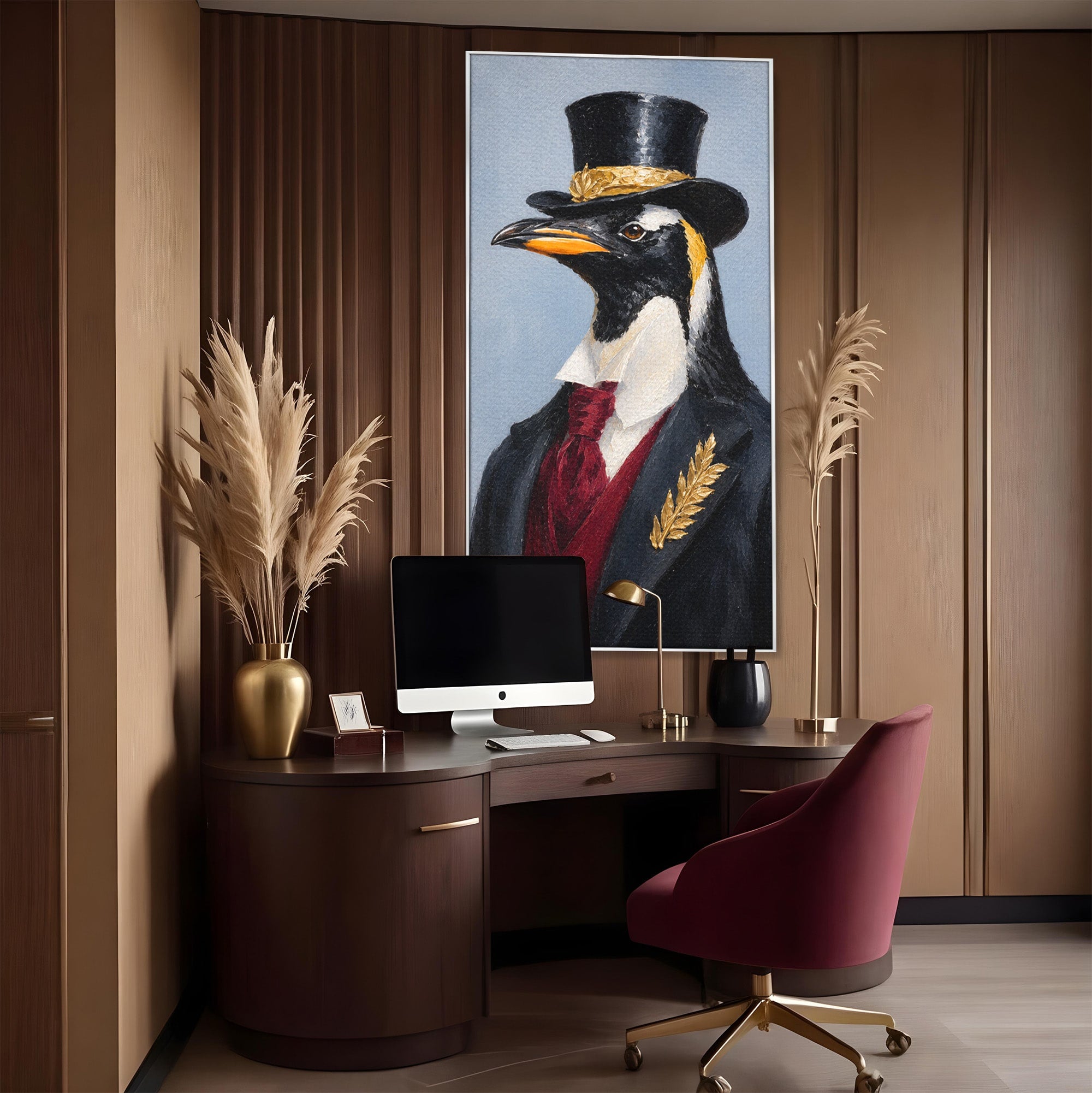 Tablou Canvas Premium LuxCanva® M1629, Pinguin Elegant, Pinguin, Eleganta, Animale, Costum, Birou, Culori Vibrante