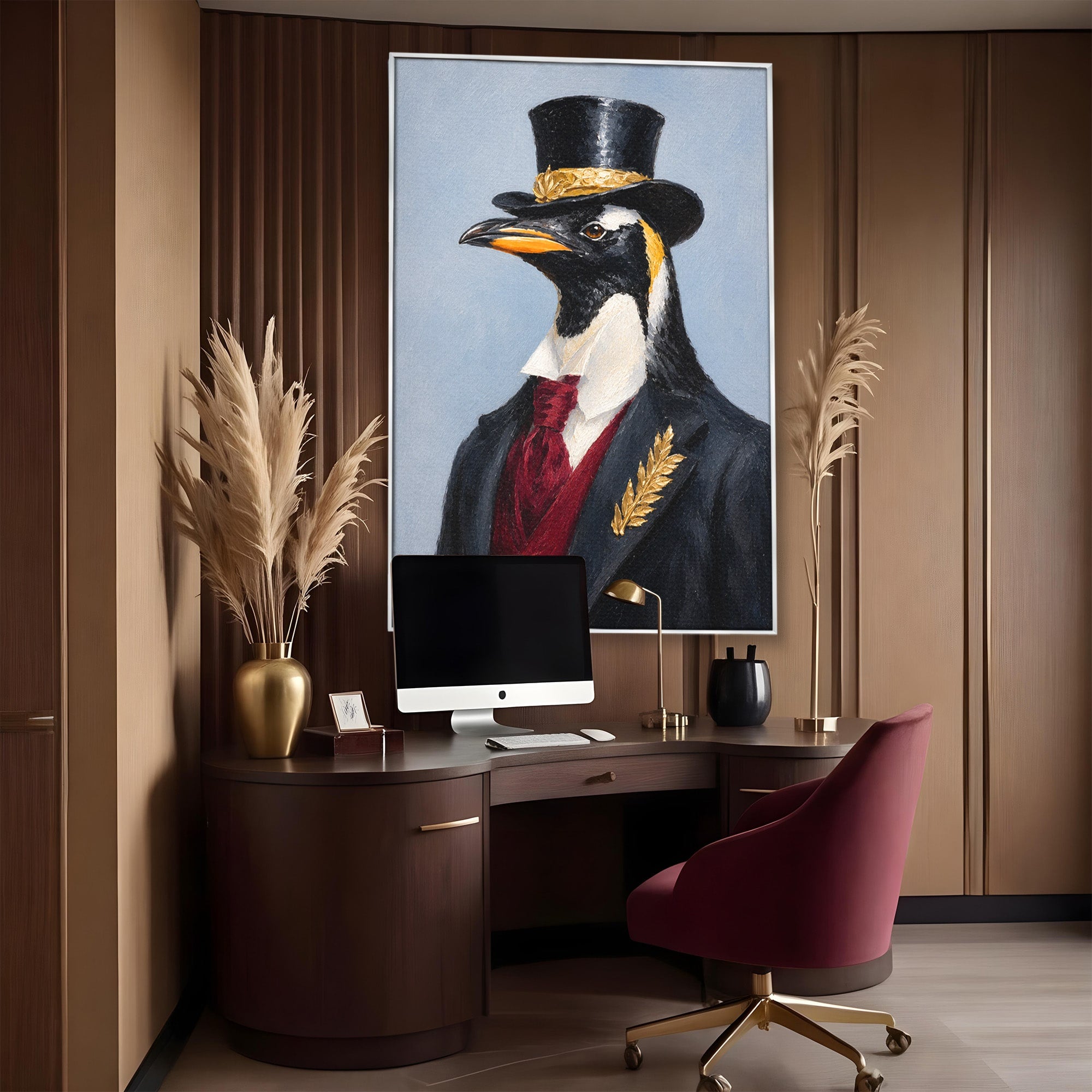 Tablou Canvas Premium LuxCanva® M1629, Pinguin Elegant, Pinguin, Eleganta, Animale, Costum, Birou, Culori Vibrante