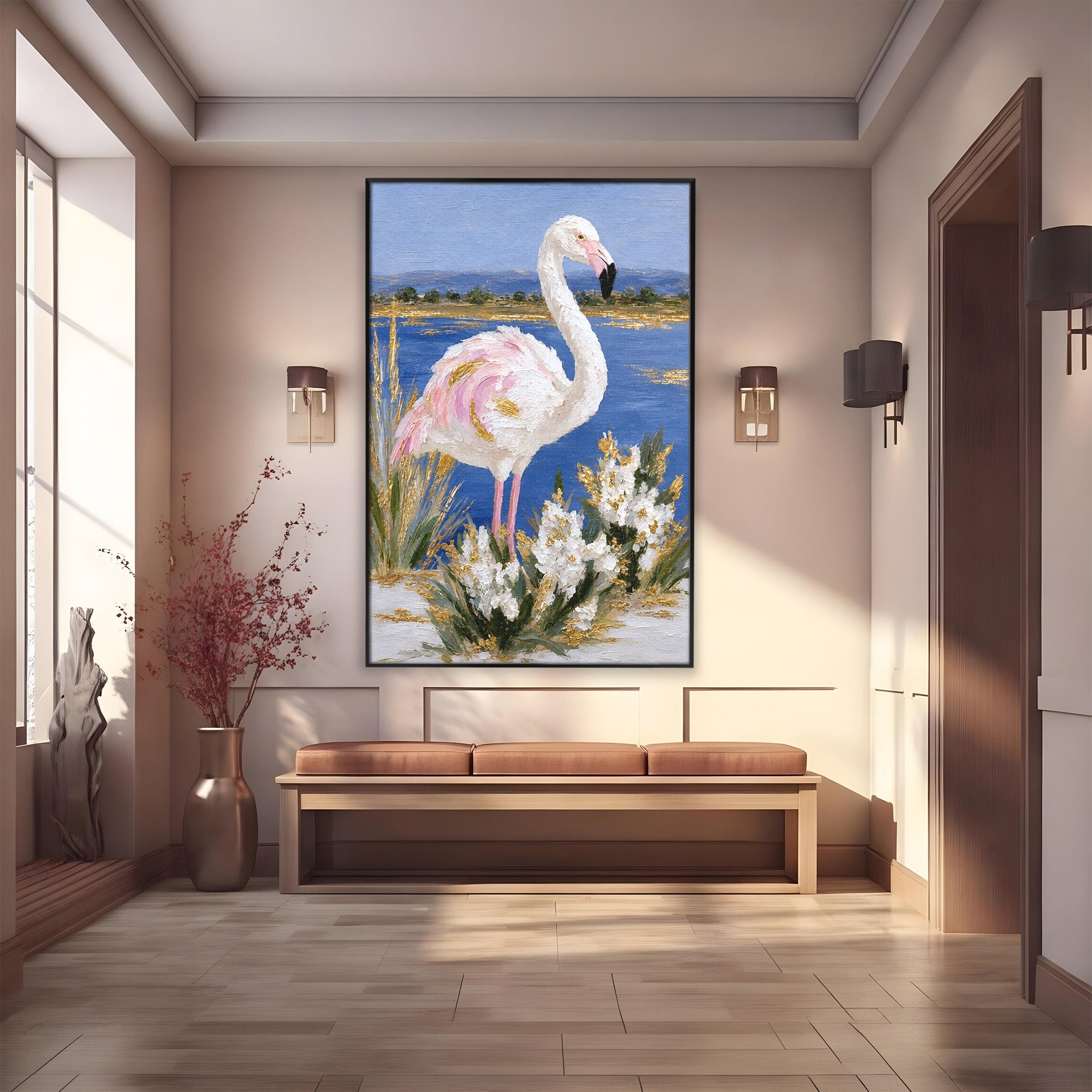Tablou Canvas Premium LuxCanva® M1631, Flamingo Elegant, Flamingo, Natura, Peisaj, Eleganta, Living, Culori Vibrante