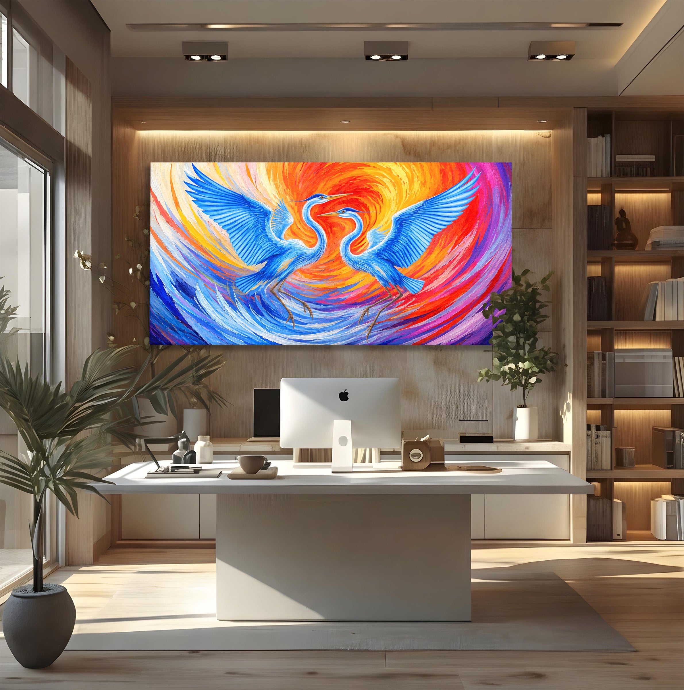 Tablou Canvas Premium LuxCanva® M1632, Dansul Egretei, Egreta, Dans, Arta Abstracta, Vibrant, Living, Culori Vibrante
