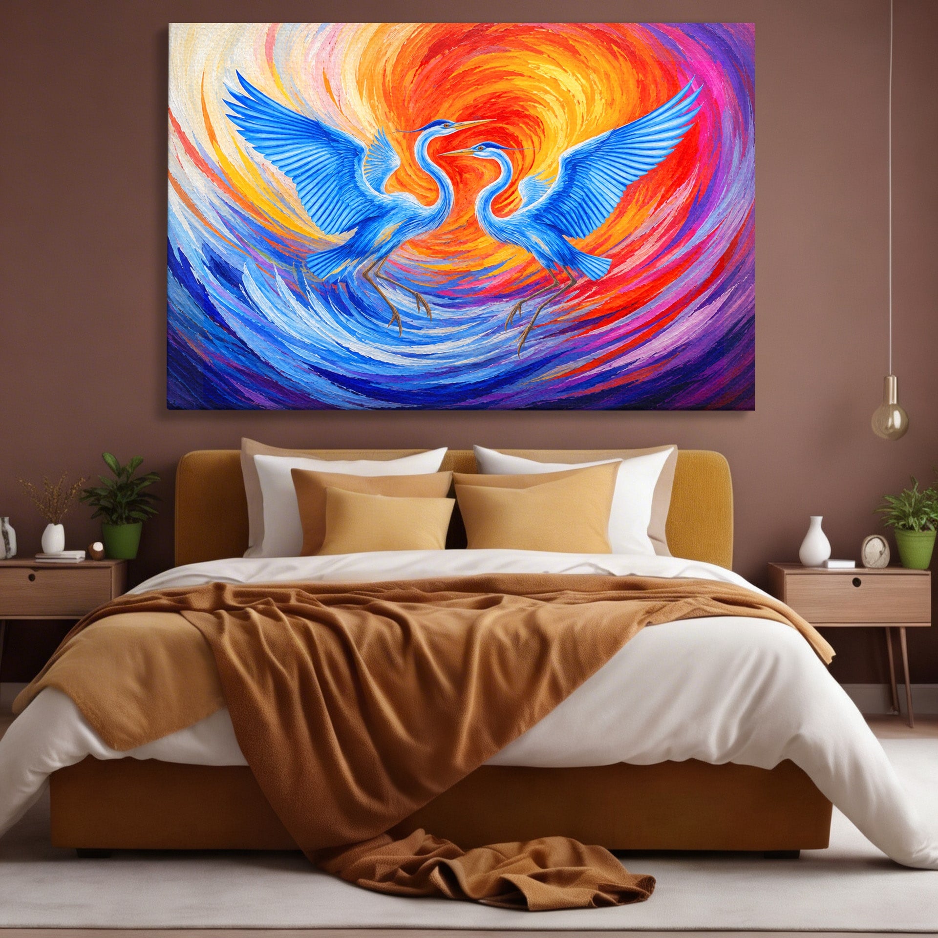 Tablou Canvas Premium LuxCanva® M1632, Dansul Egretei, Egreta, Dans, Arta Abstracta, Vibrant, Living, Culori Vibrante
