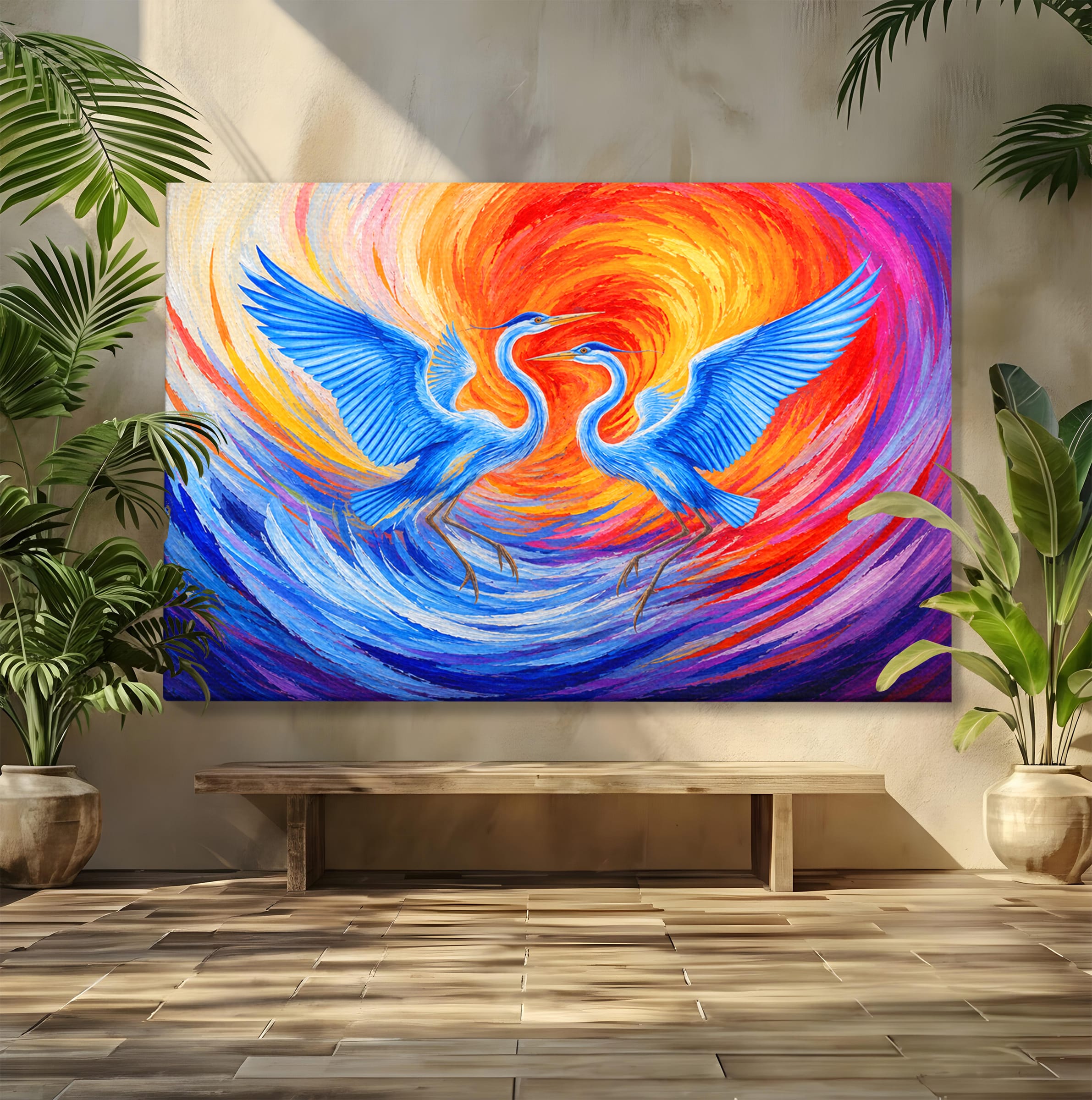 Tablou Canvas Premium LuxCanva® M1632, Dansul Egretei, Egreta, Dans, Arta Abstracta, Vibrant, Living, Culori Vibrante