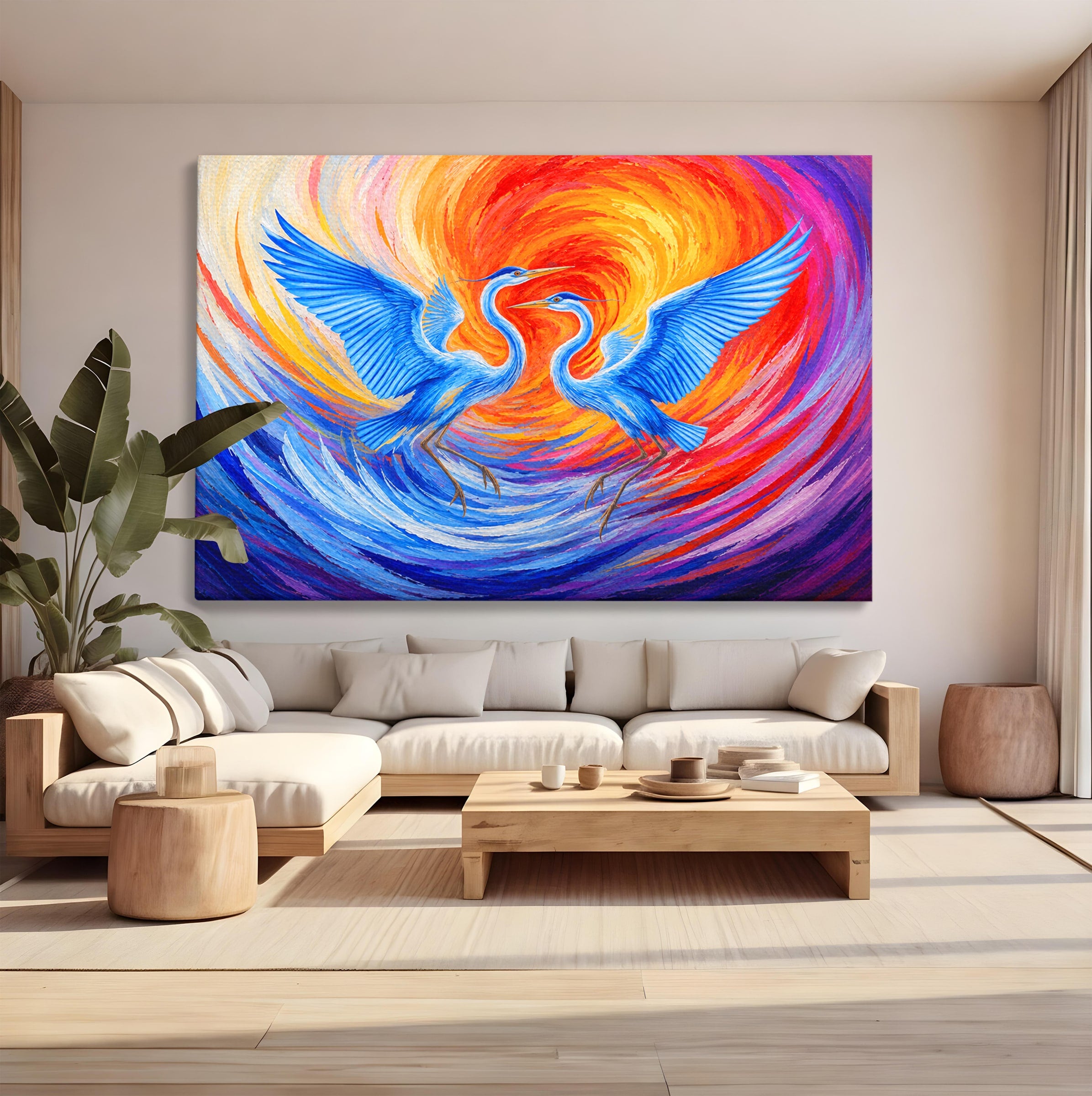 Tablou Canvas Premium LuxCanva® M1632, Dansul Egretei, Egreta, Dans, Arta Abstracta, Vibrant, Living, Culori Vibrante