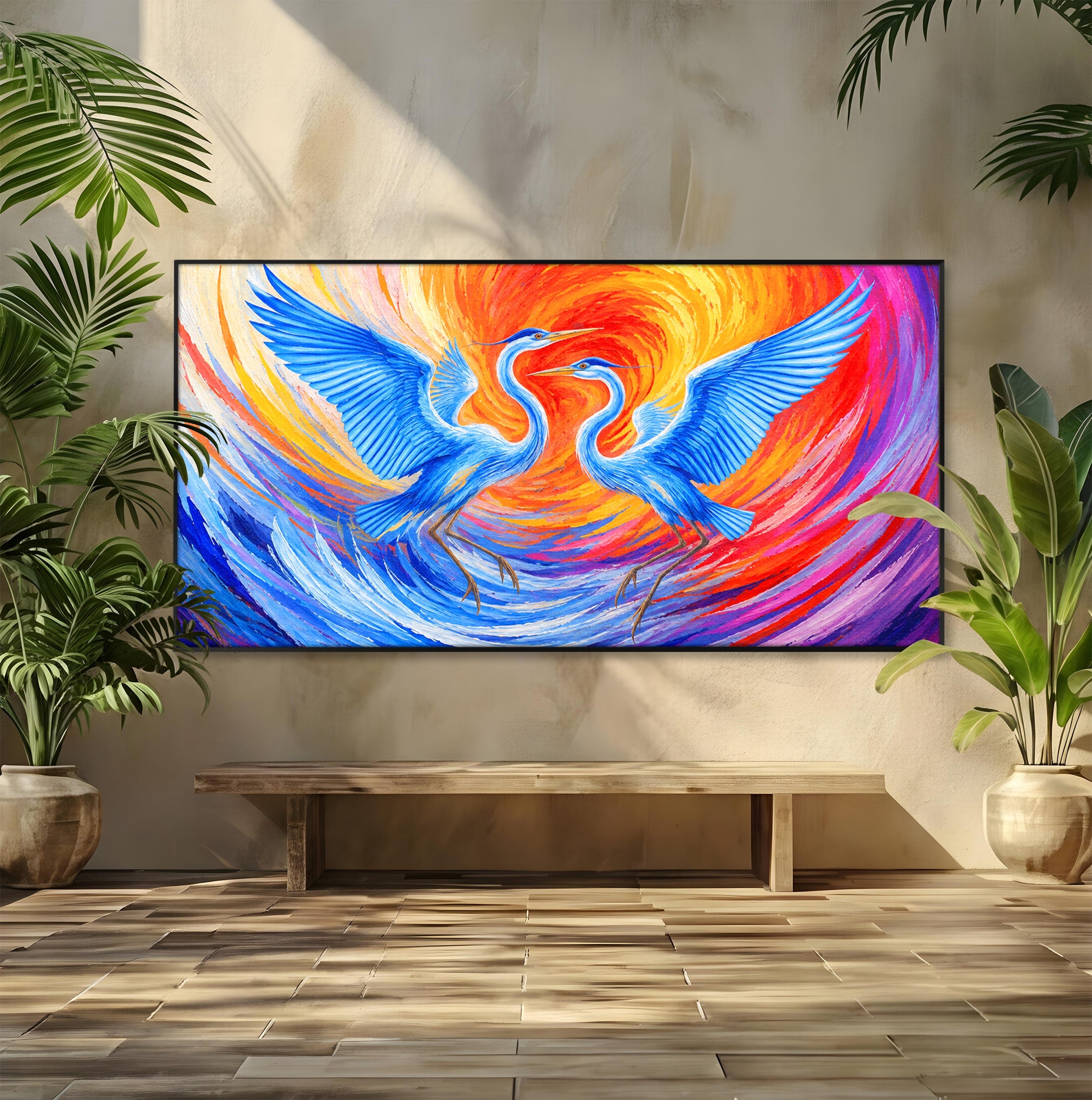 Tablou Canvas Premium LuxCanva® M1632, Dansul Egretei, Egreta, Dans, Arta Abstracta, Vibrant, Living, Culori Vibrante