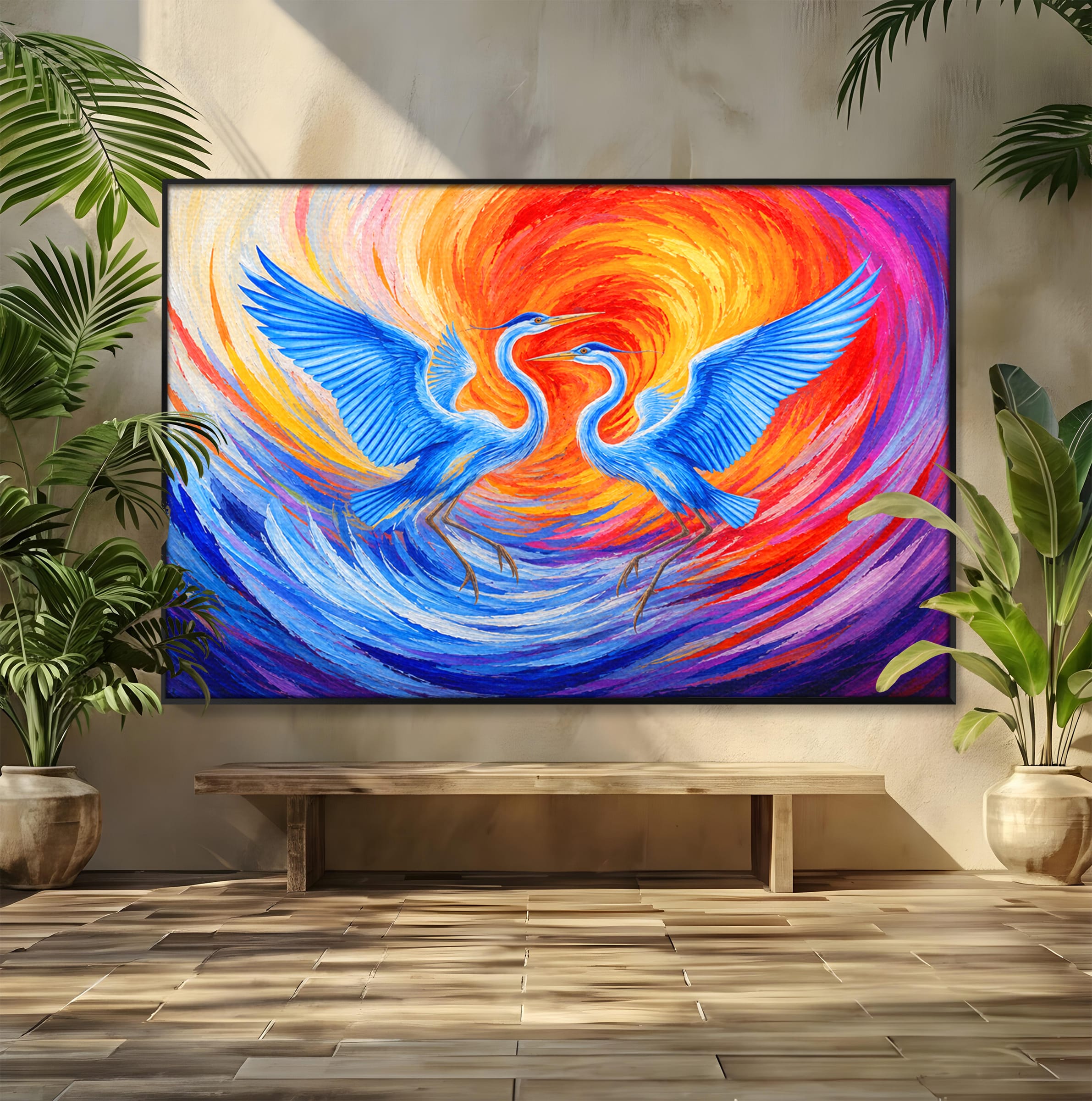 Tablou Canvas Premium LuxCanva® M1632, Dansul Egretei, Egreta, Dans, Arta Abstracta, Vibrant, Living, Culori Vibrante