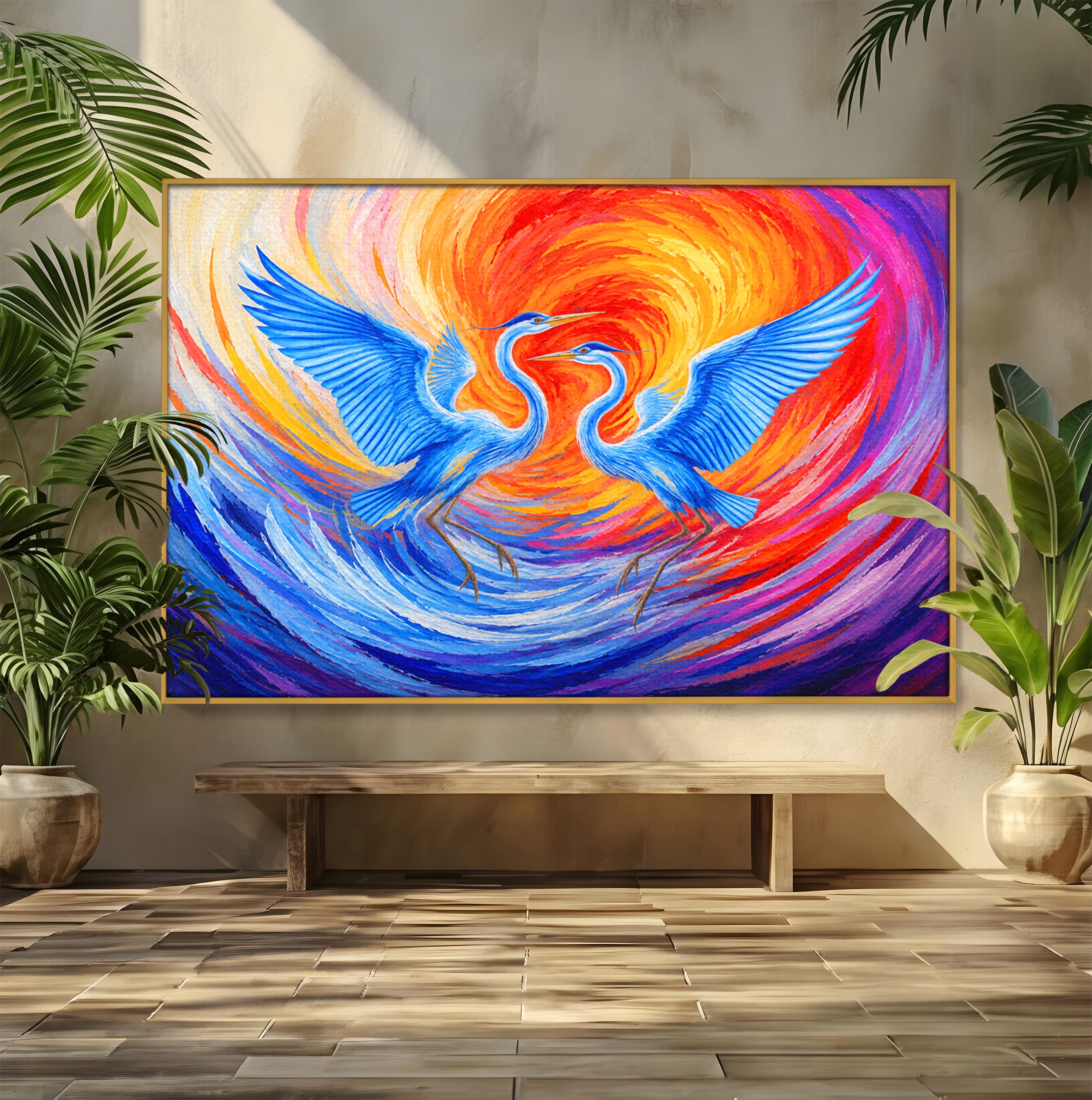 Tablou Canvas Premium LuxCanva® M1632, Dansul Egretei, Egreta, Dans, Arta Abstracta, Vibrant, Living, Culori Vibrante