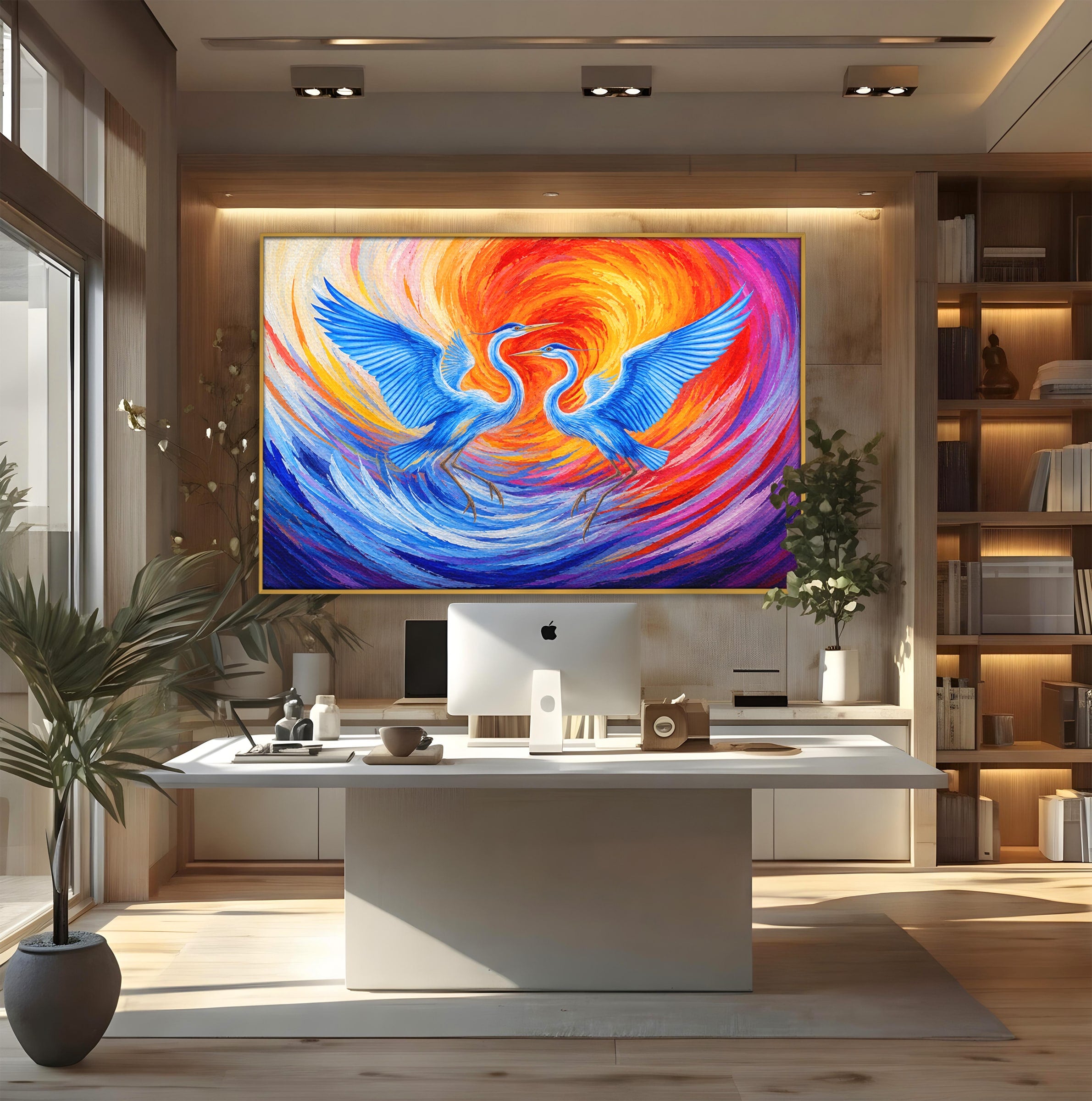 Tablou Canvas Premium LuxCanva® M1632, Dansul Egretei, Egreta, Dans, Arta Abstracta, Vibrant, Living, Culori Vibrante