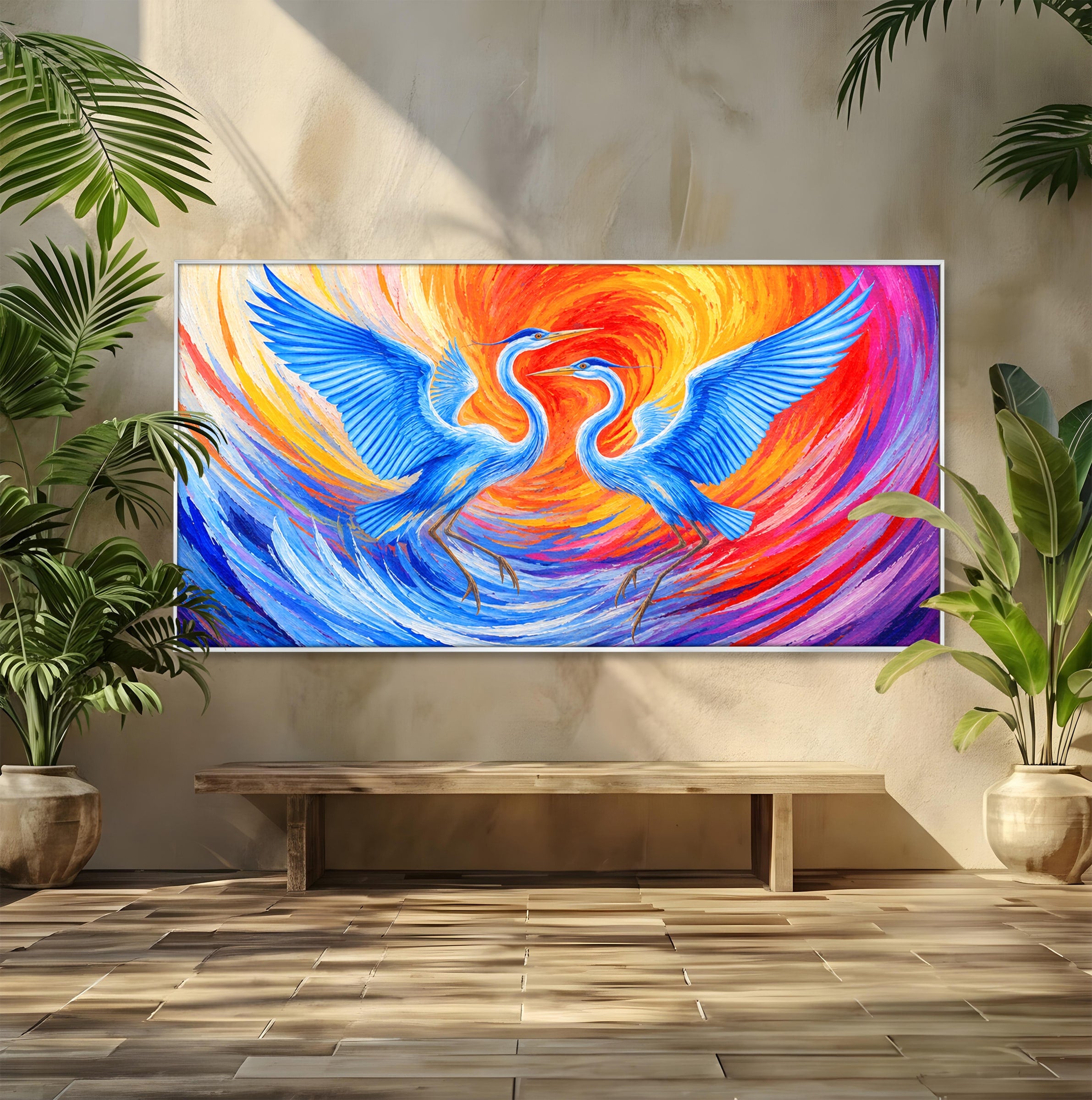 Tablou Canvas Premium LuxCanva® M1632, Dansul Egretei, Egreta, Dans, Arta Abstracta, Vibrant, Living, Culori Vibrante