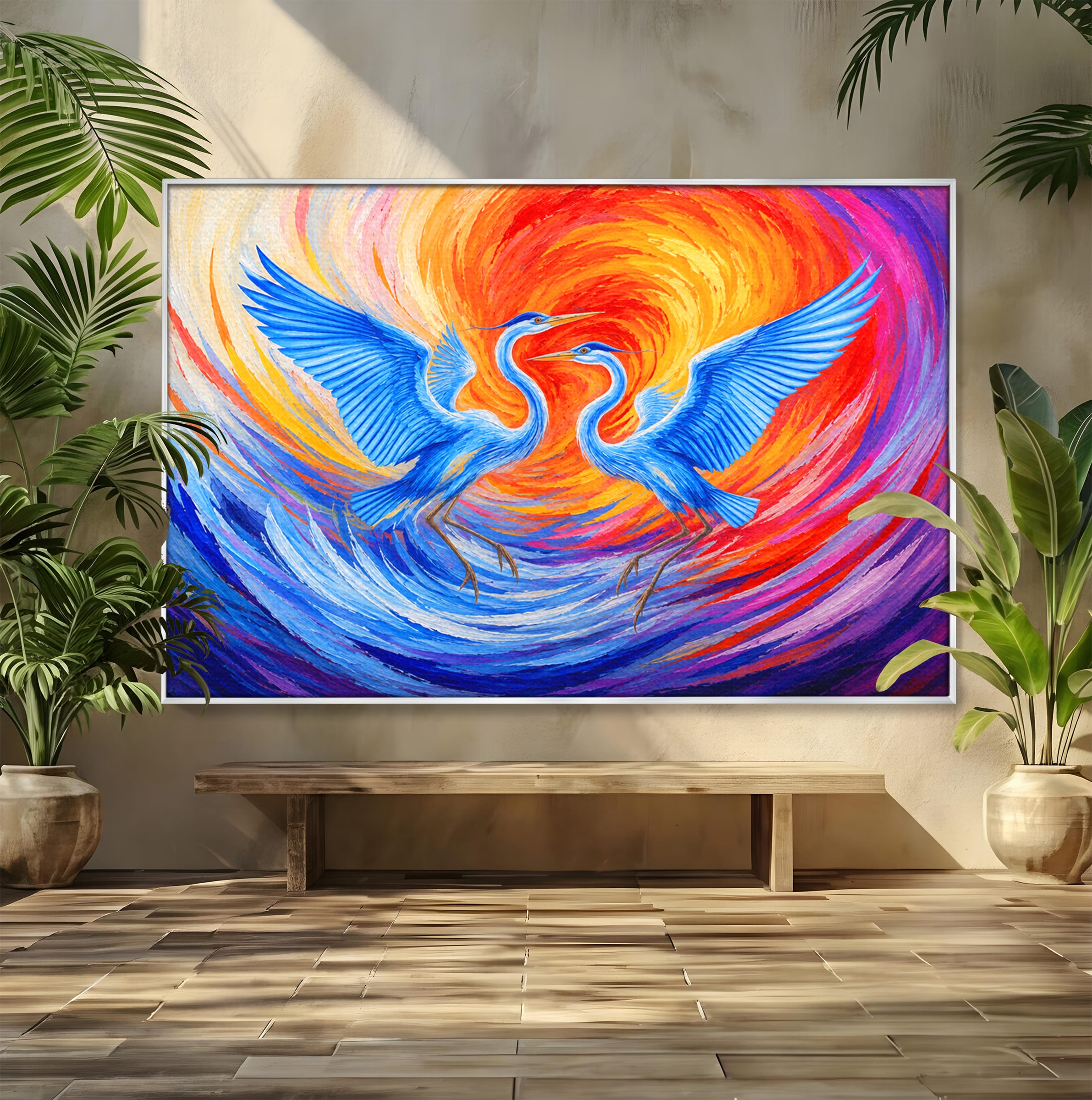 Tablou Canvas Premium LuxCanva® M1632, Dansul Egretei, Egreta, Dans, Arta Abstracta, Vibrant, Living, Culori Vibrante