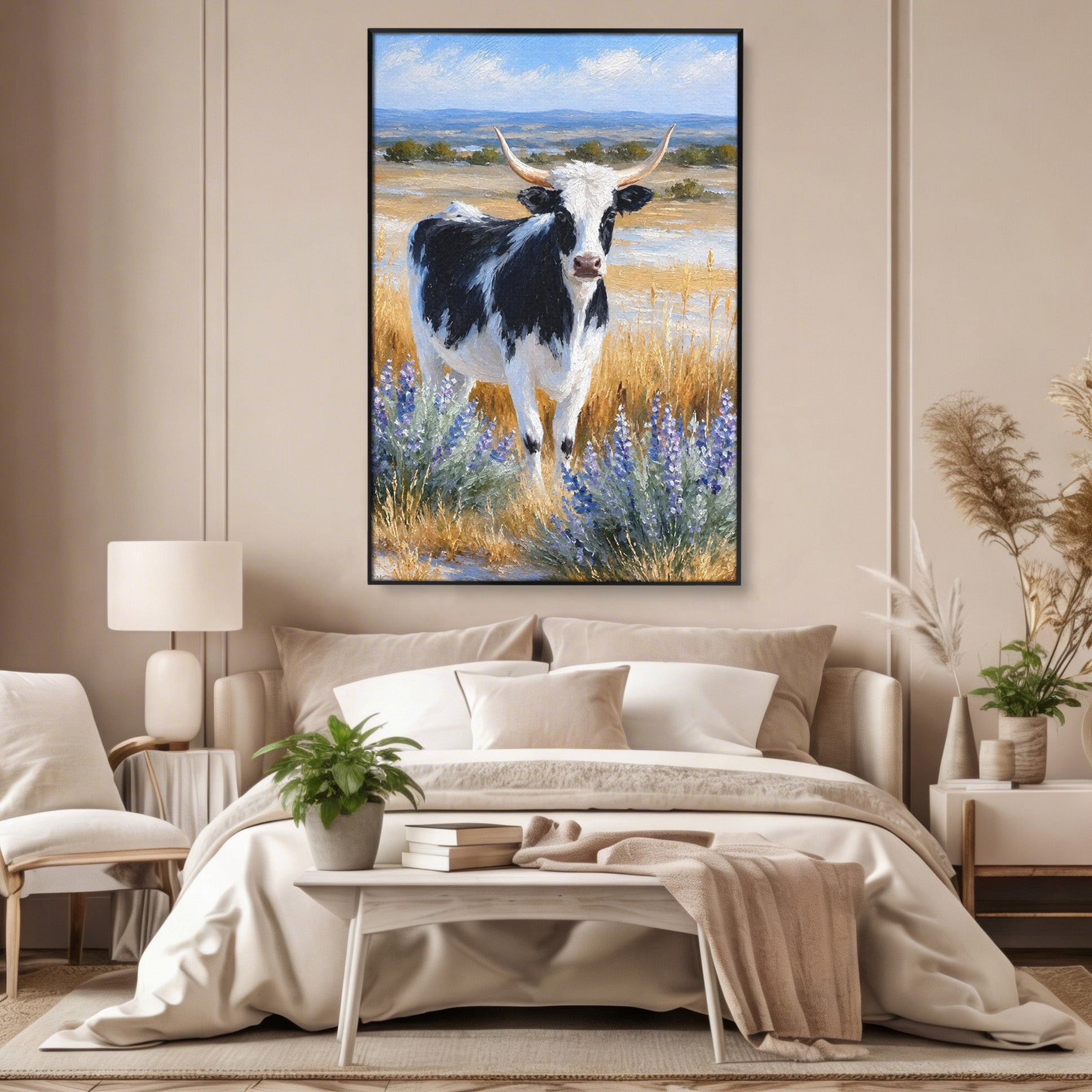 Tablou Canvas Premium LuxCanva® M1633, Vaca In Camp, Peisaj Pastoral, Vaca, Peisaj, Pastoral, Natura, Living, Culori Vibrante