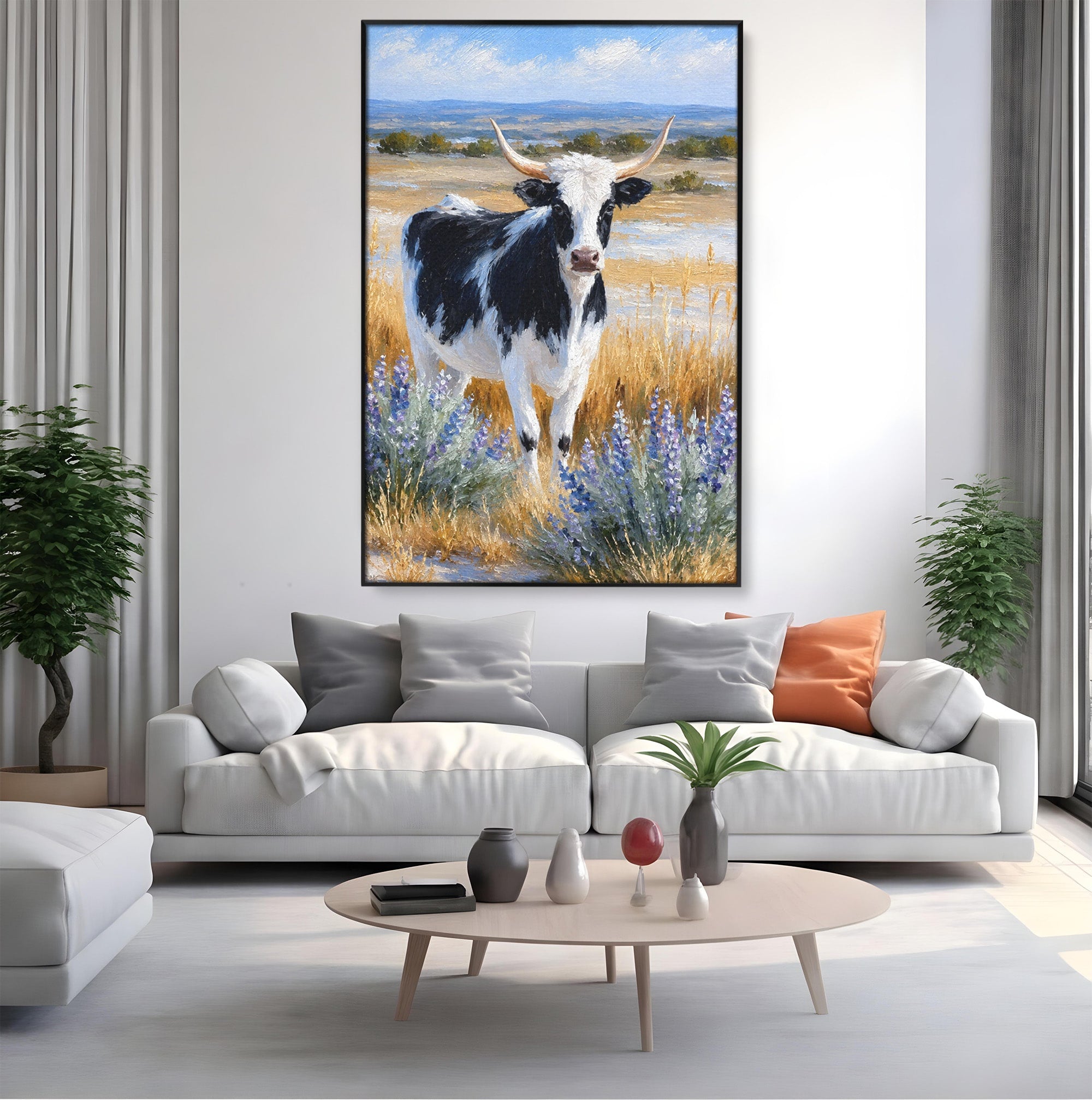 Tablou Canvas Premium LuxCanva® M1633, Vaca In Camp, Peisaj Pastoral, Vaca, Peisaj, Pastoral, Natura, Living, Culori Vibrante