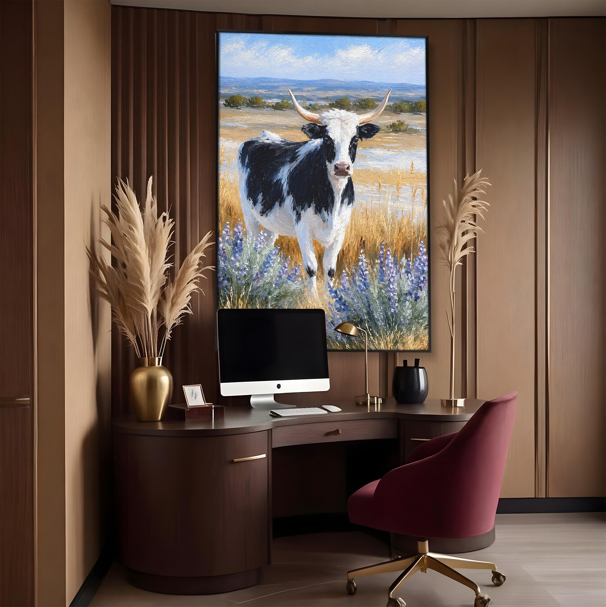 Tablou Canvas Premium LuxCanva® M1633, Vaca In Camp, Peisaj Pastoral, Vaca, Peisaj, Pastoral, Natura, Living, Culori Vibrante