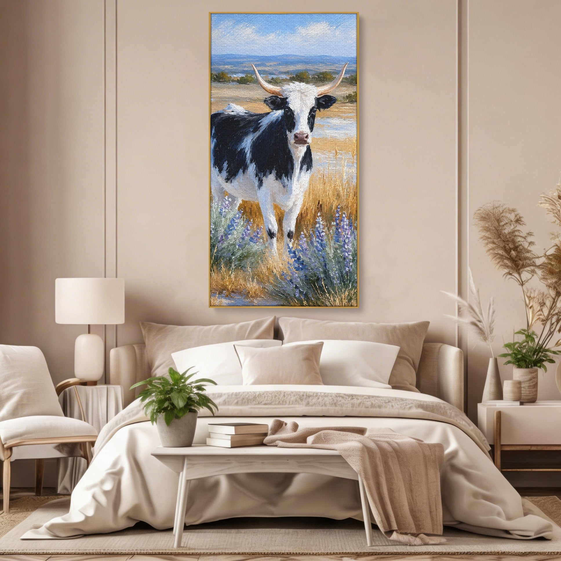 Tablou Canvas Premium LuxCanva® M1633, Vaca In Camp, Peisaj Pastoral, Vaca, Peisaj, Pastoral, Natura, Living, Culori Vibrante