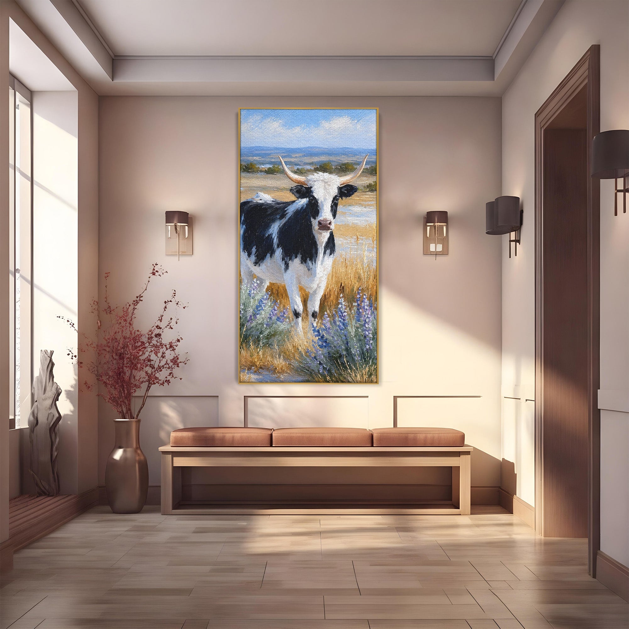Tablou Canvas Premium LuxCanva® M1633, Vaca In Camp, Peisaj Pastoral, Vaca, Peisaj, Pastoral, Natura, Living, Culori Vibrante