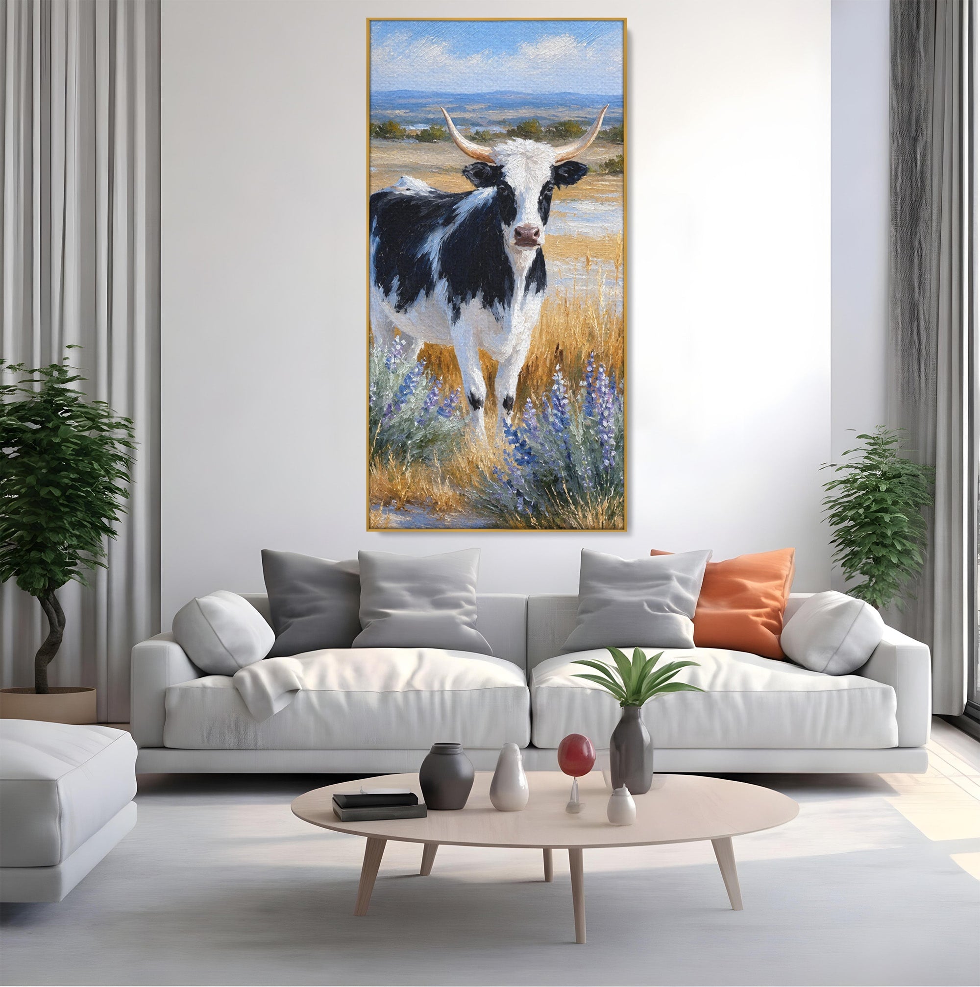 Tablou Canvas Premium LuxCanva® M1633, Vaca In Camp, Peisaj Pastoral, Vaca, Peisaj, Pastoral, Natura, Living, Culori Vibrante