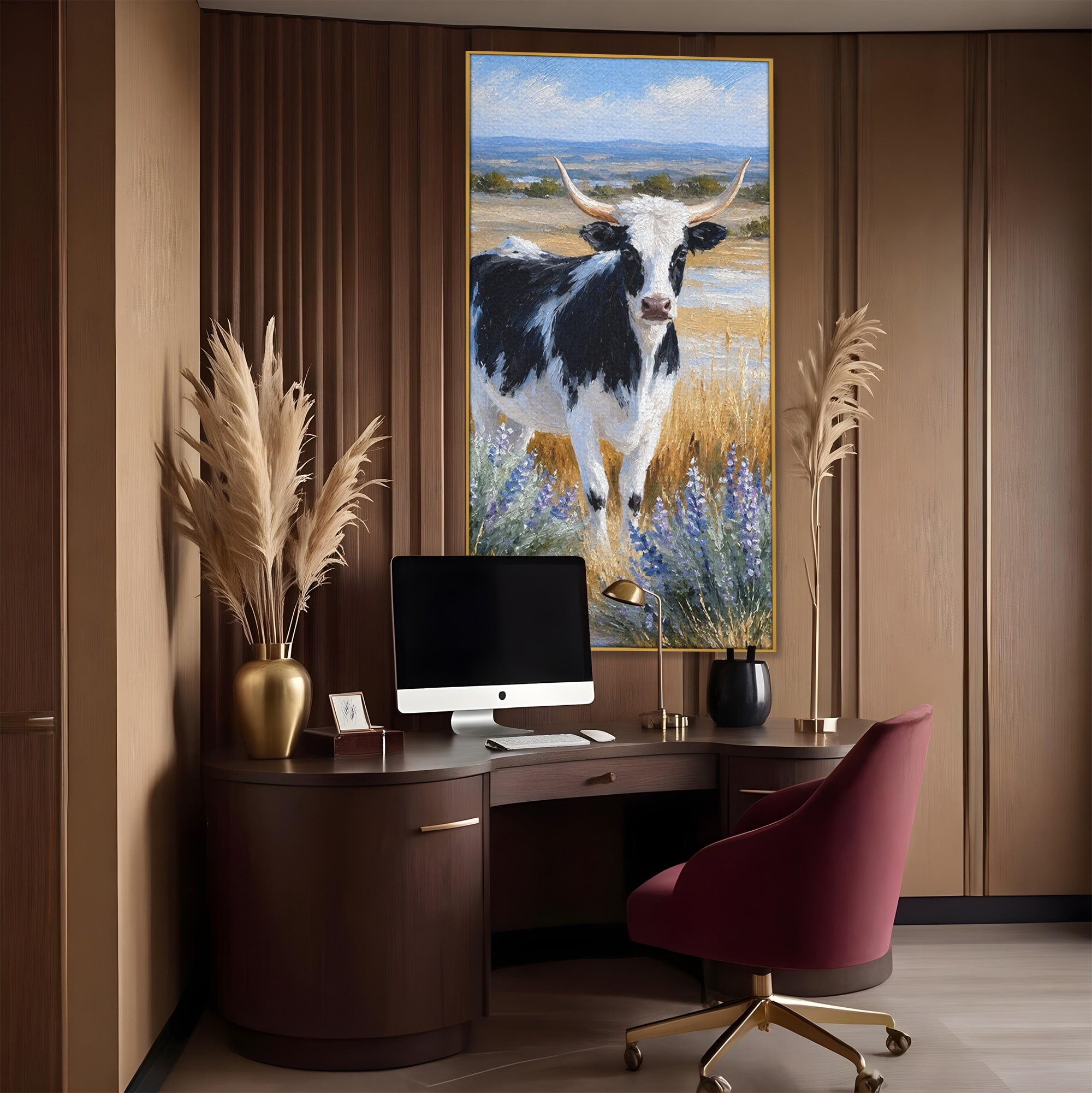 Tablou Canvas Premium LuxCanva® M1633, Vaca In Camp, Peisaj Pastoral, Vaca, Peisaj, Pastoral, Natura, Living, Culori Vibrante