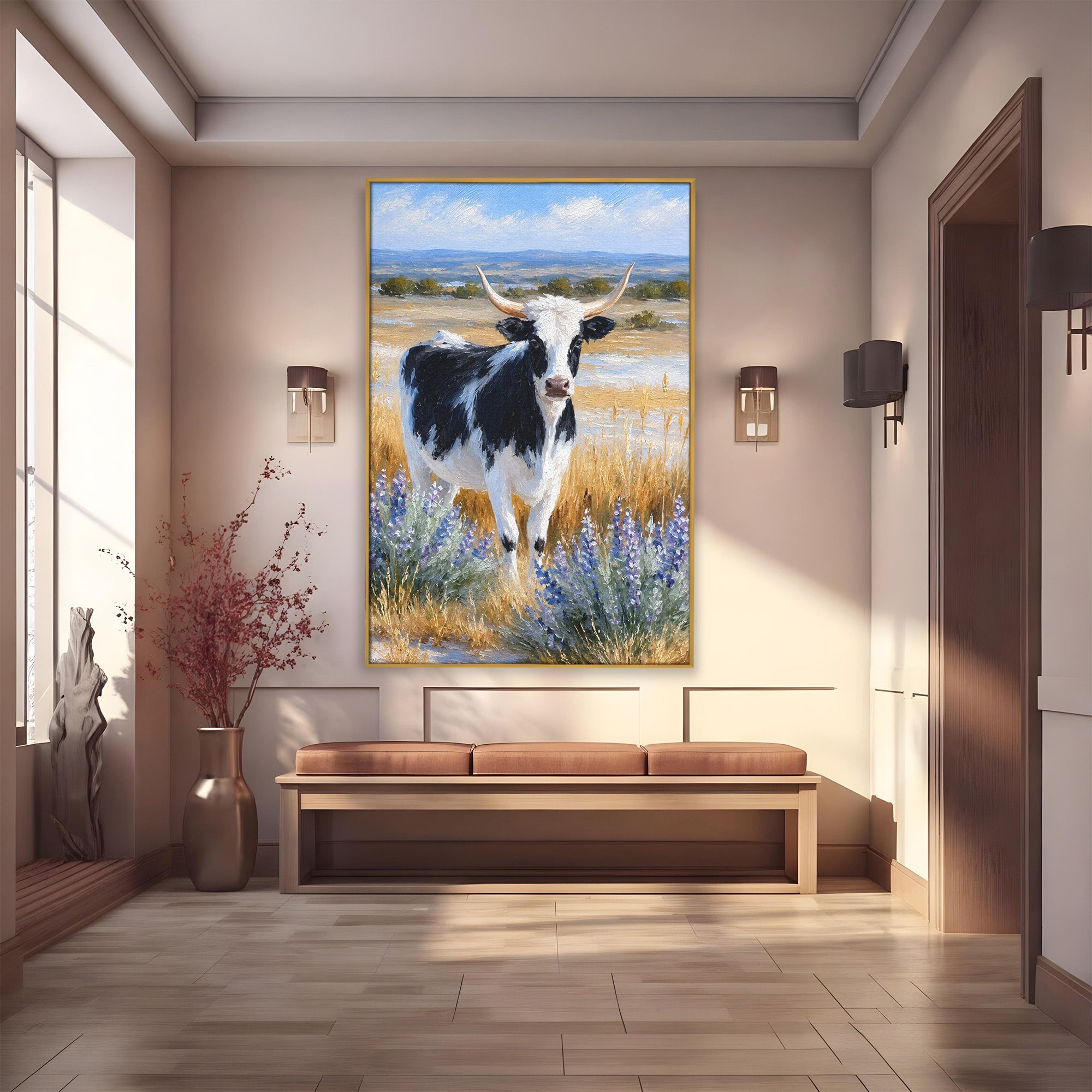 Tablou Canvas Premium LuxCanva® M1633, Vaca In Camp, Peisaj Pastoral, Vaca, Peisaj, Pastoral, Natura, Living, Culori Vibrante