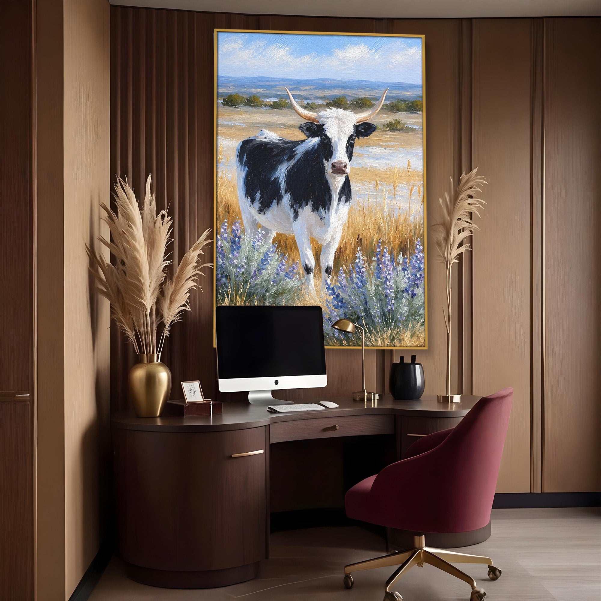 Tablou Canvas Premium LuxCanva® M1633, Vaca In Camp, Peisaj Pastoral, Vaca, Peisaj, Pastoral, Natura, Living, Culori Vibrante