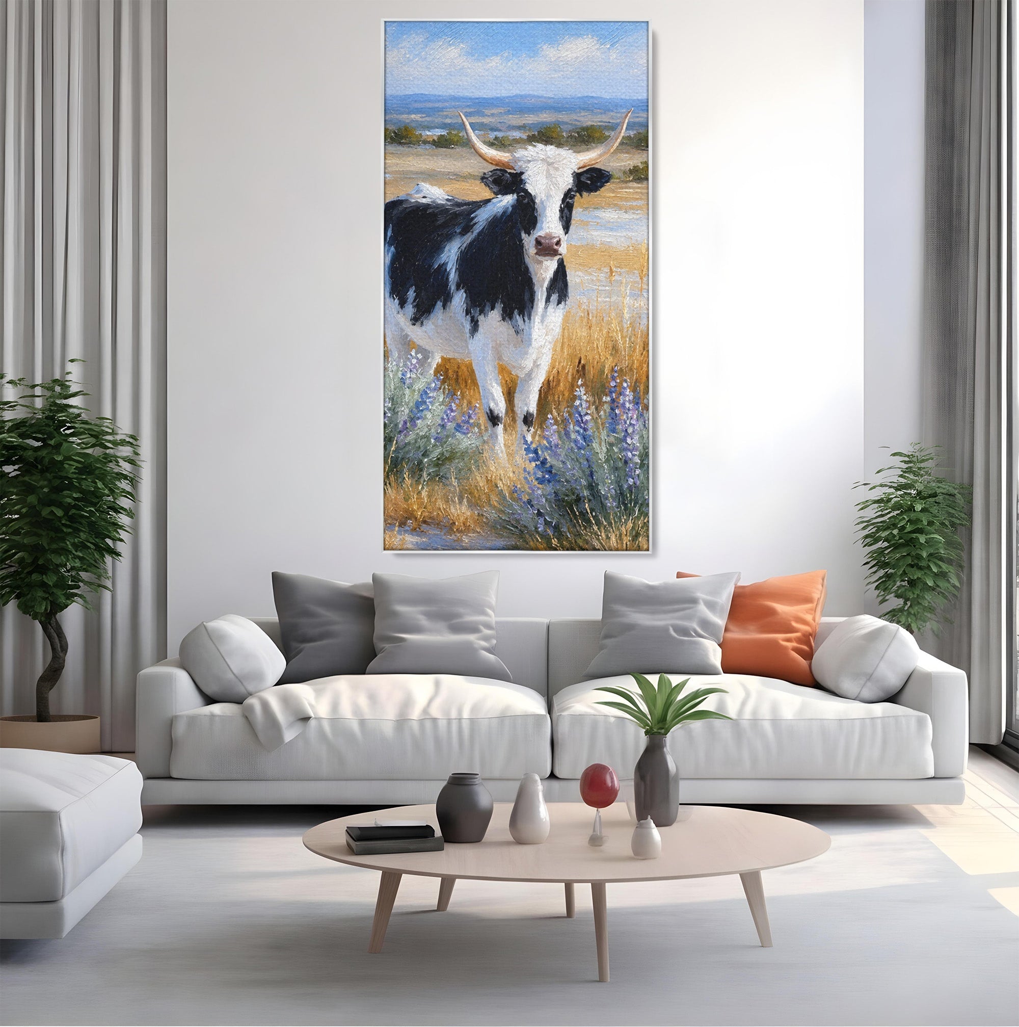 Tablou Canvas Premium LuxCanva® M1633, Vaca In Camp, Peisaj Pastoral, Vaca, Peisaj, Pastoral, Natura, Living, Culori Vibrante