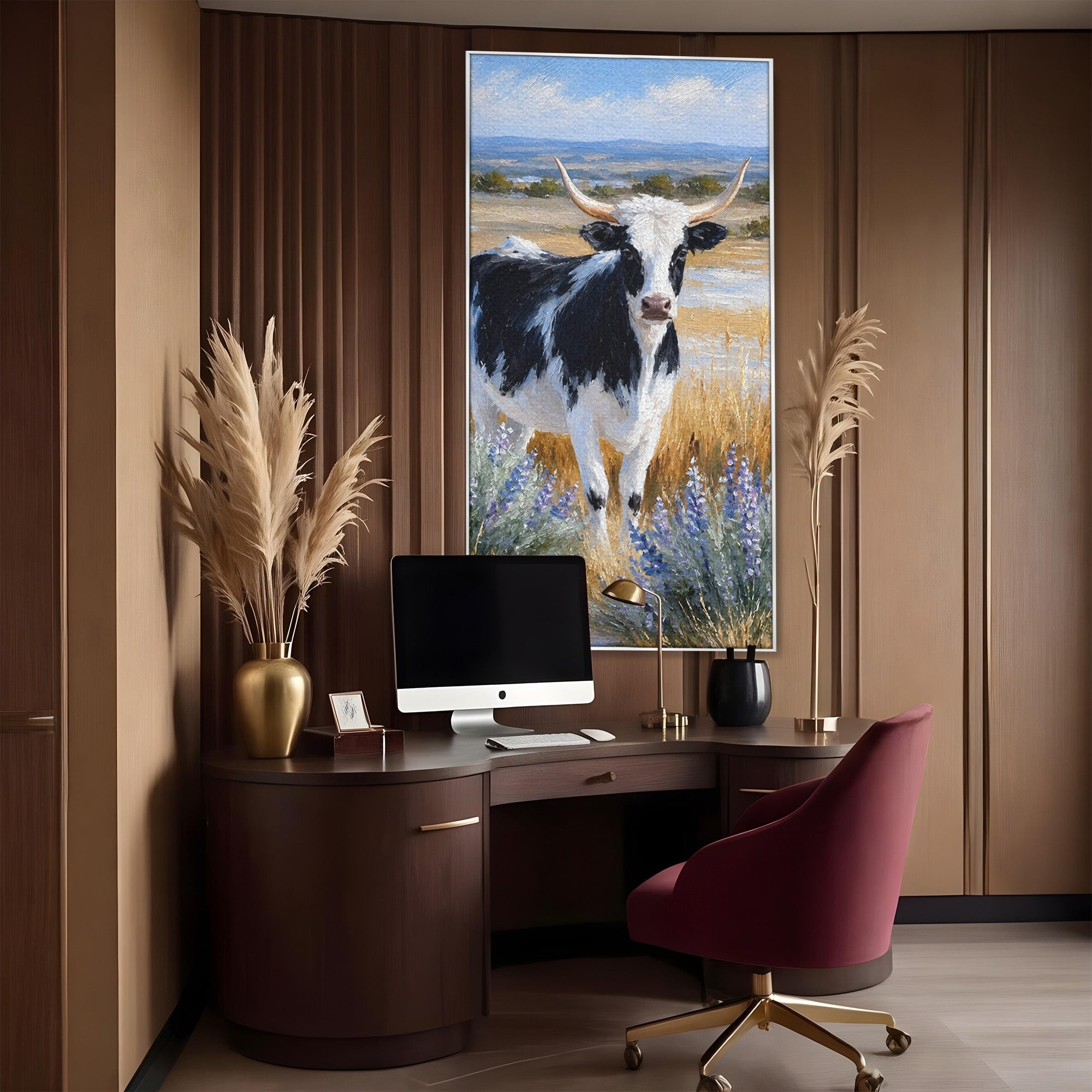 Tablou Canvas Premium LuxCanva® M1633, Vaca In Camp, Peisaj Pastoral, Vaca, Peisaj, Pastoral, Natura, Living, Culori Vibrante