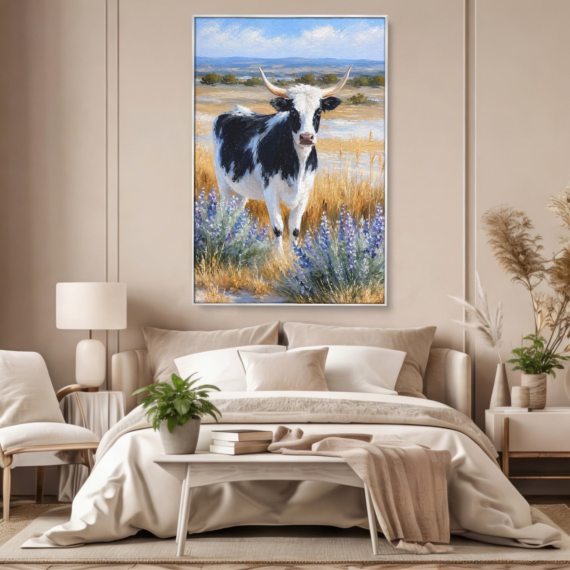 Tablou Canvas Premium LuxCanva® M1633, Vaca In Camp, Peisaj Pastoral, Vaca, Peisaj, Pastoral, Natura, Living, Culori Vibrante