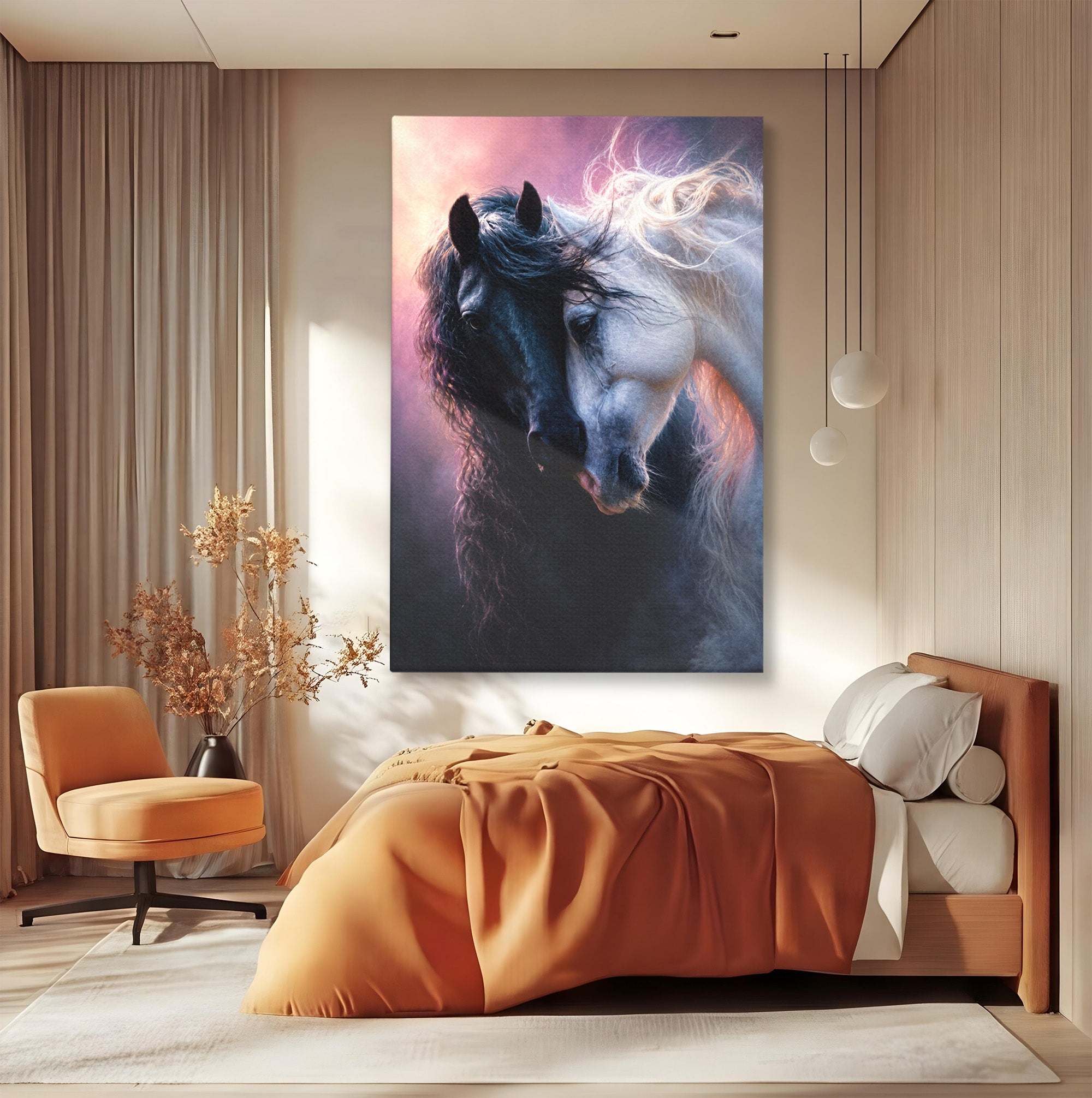 Tablou Canvas Premium LuxCanva® M1639, Cai In Armonie, Cai, Armonie, Eleganta, Animale, Dormitor, Culori Vibrante