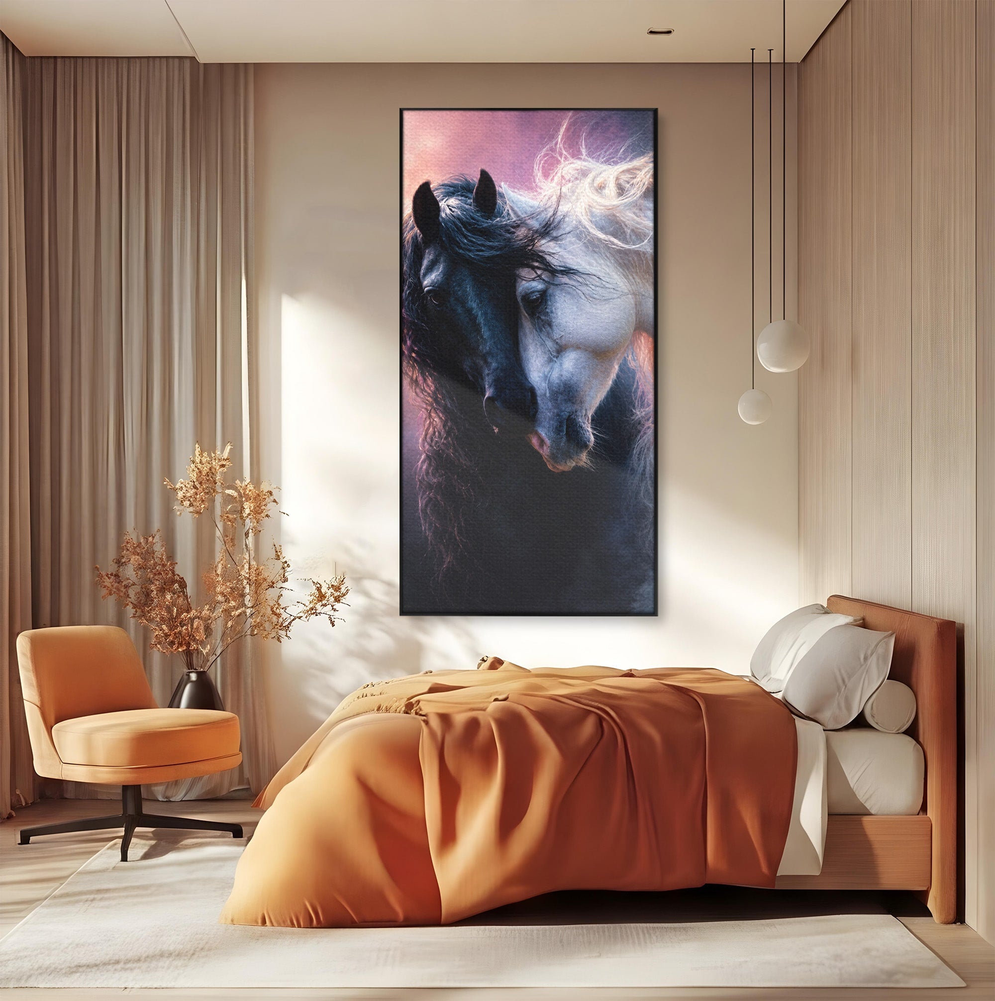 Tablou Canvas Premium LuxCanva® M1639, Cai In Armonie, Cai, Armonie, Eleganta, Animale, Dormitor, Culori Vibrante