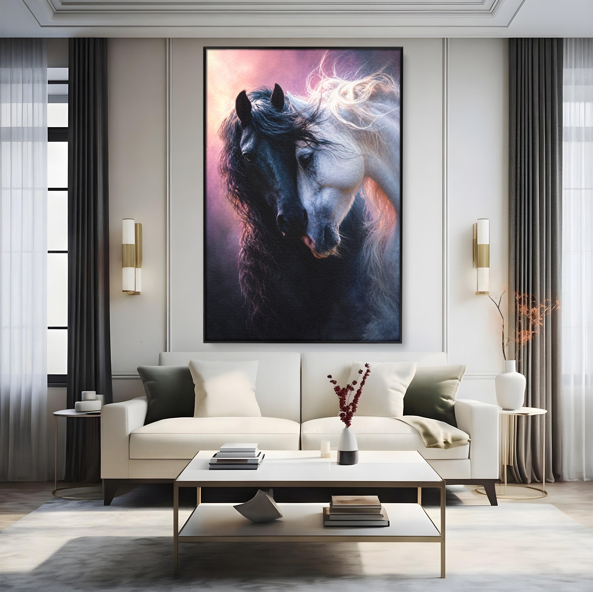 Tablou Canvas Premium LuxCanva® M1639, Cai In Armonie, Cai, Armonie, Eleganta, Animale, Dormitor, Culori Vibrante