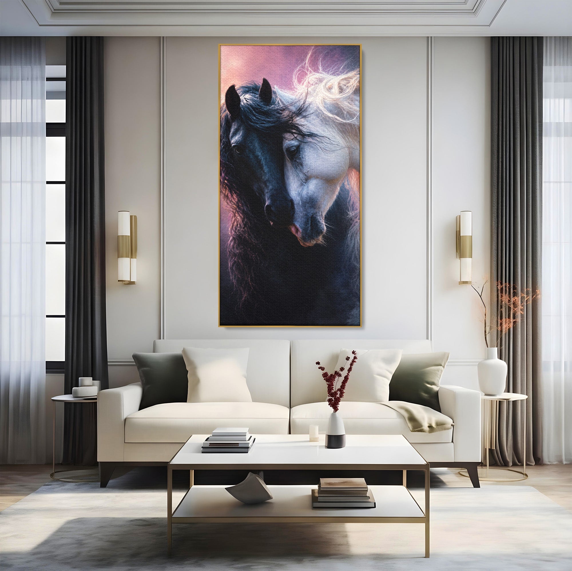 Tablou Canvas Premium LuxCanva® M1639, Cai In Armonie, Cai, Armonie, Eleganta, Animale, Dormitor, Culori Vibrante