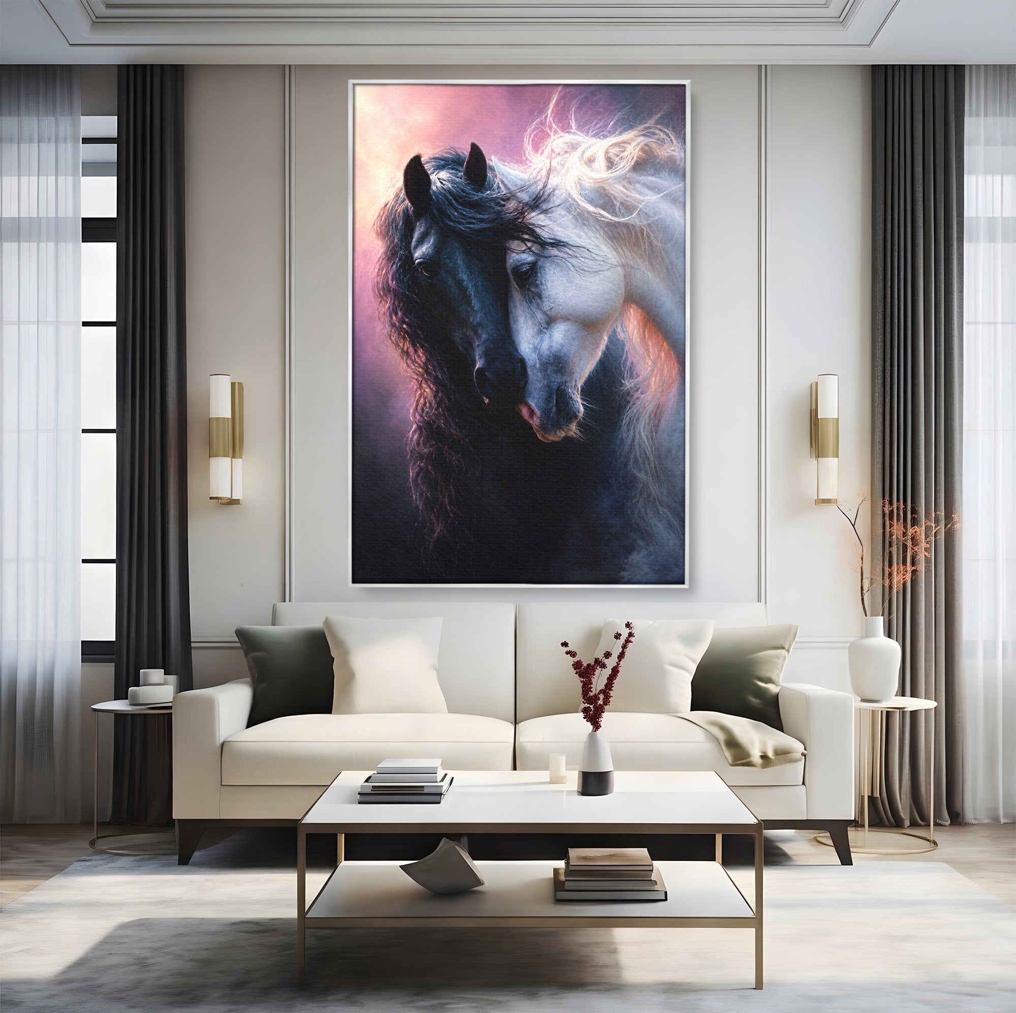 Tablou Canvas Premium LuxCanva® M1639, Cai In Armonie, Cai, Armonie, Eleganta, Animale, Dormitor, Culori Vibrante