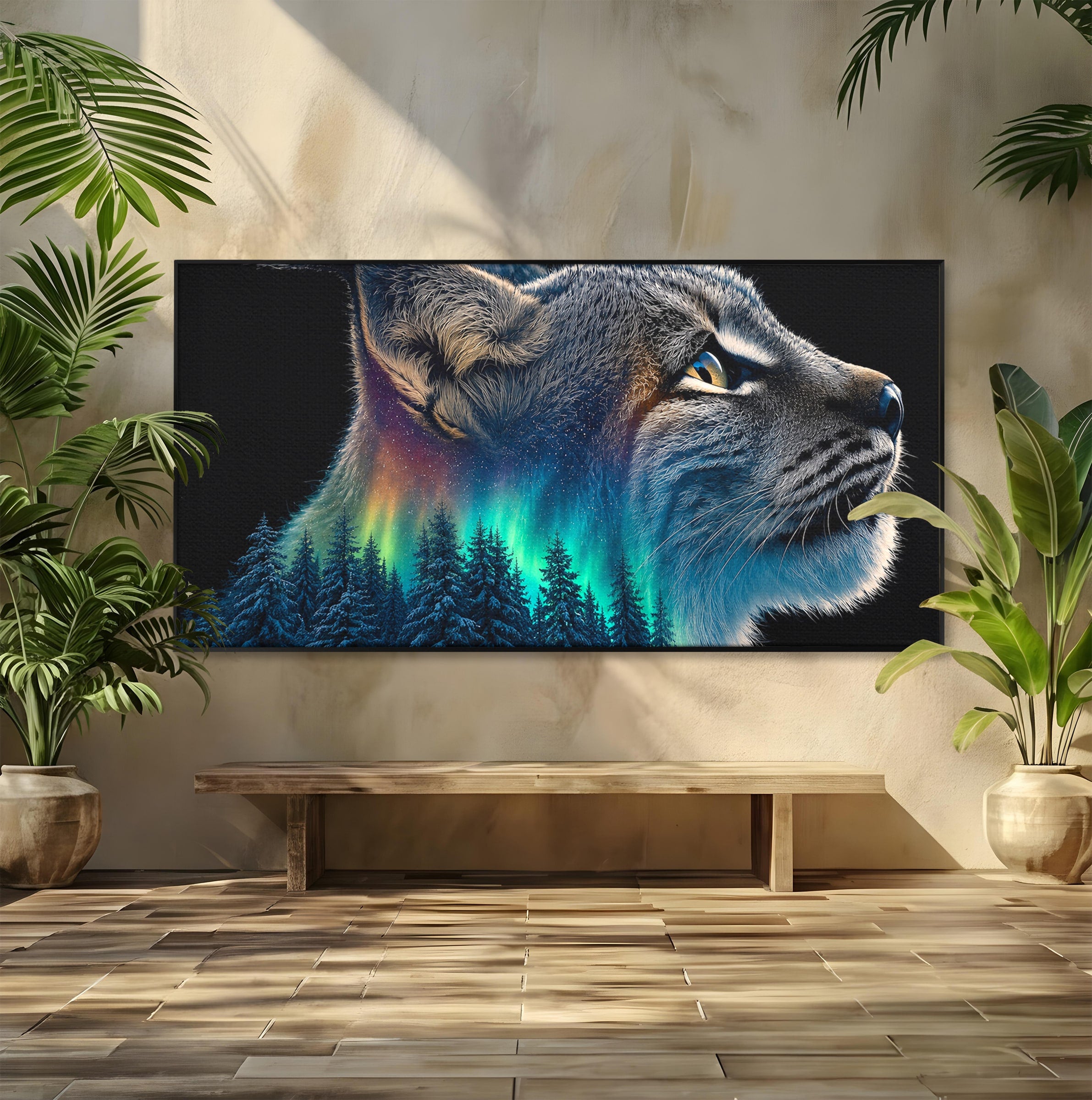 Tablou Canvas Premium LuxCanva® M1640, Lynx Aurora, Lynx, Aurora Boreala, Natura, Animale Salbatice, Living, Culori Vibrante