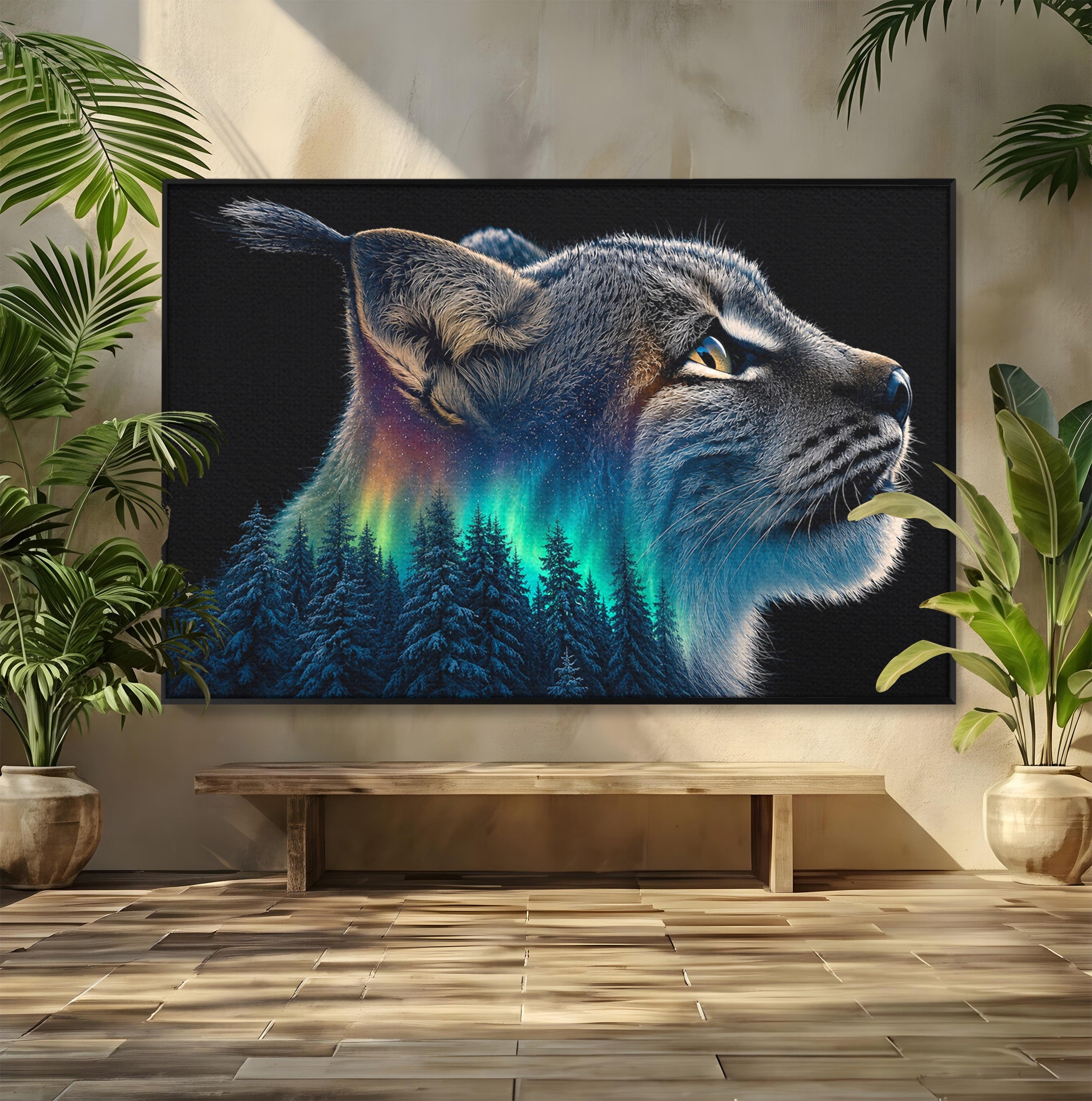 Tablou Canvas Premium LuxCanva® M1640, Lynx Aurora, Lynx, Aurora Boreala, Natura, Animale Salbatice, Living, Culori Vibrante