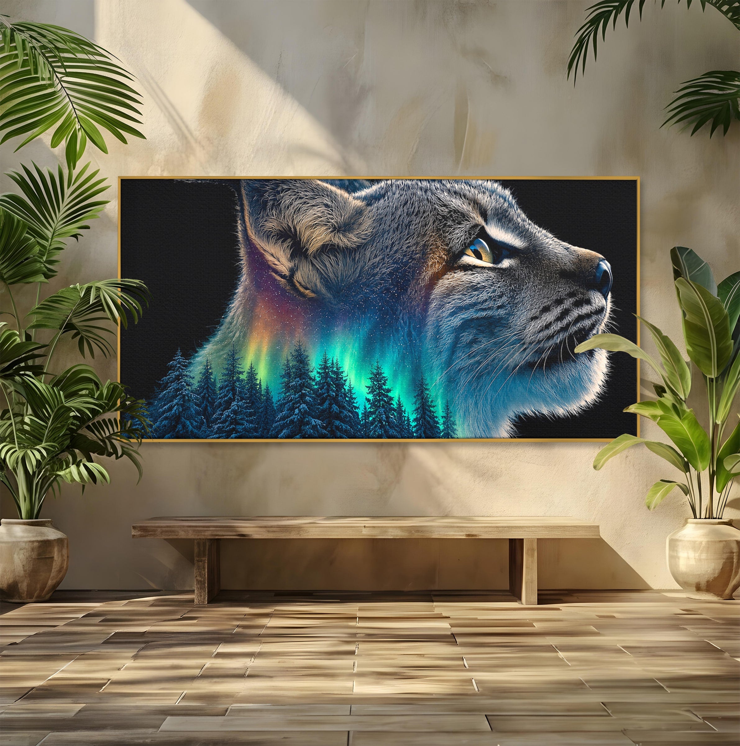 Tablou Canvas Premium LuxCanva® M1640, Lynx Aurora, Lynx, Aurora Boreala, Natura, Animale Salbatice, Living, Culori Vibrante