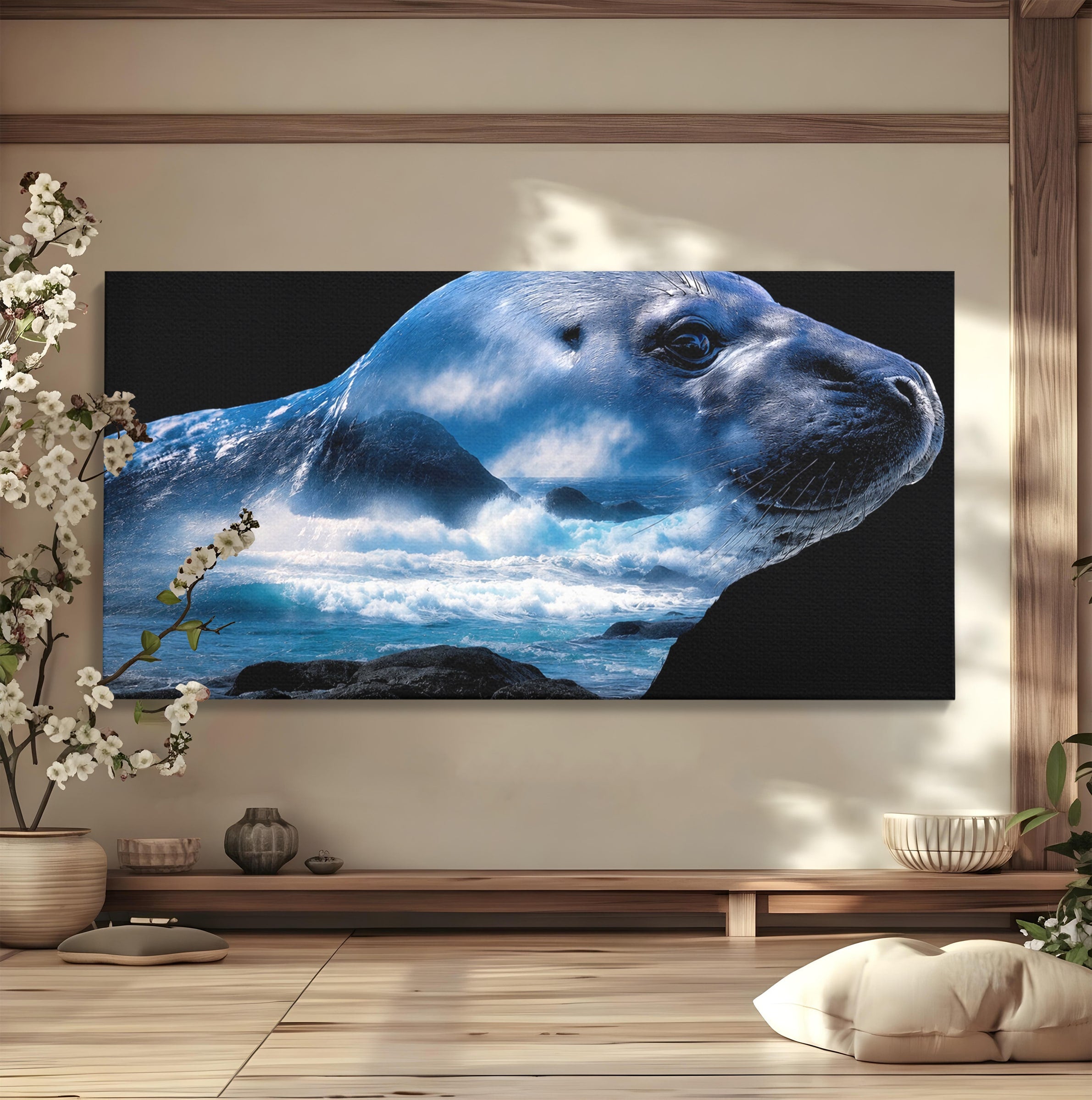 Tablou Canvas Premium LuxCanva® M1642, Foca Si Oceanul, Foca, Ocean, Natura, Peisaj Marin, Birou, Culori Vibrante