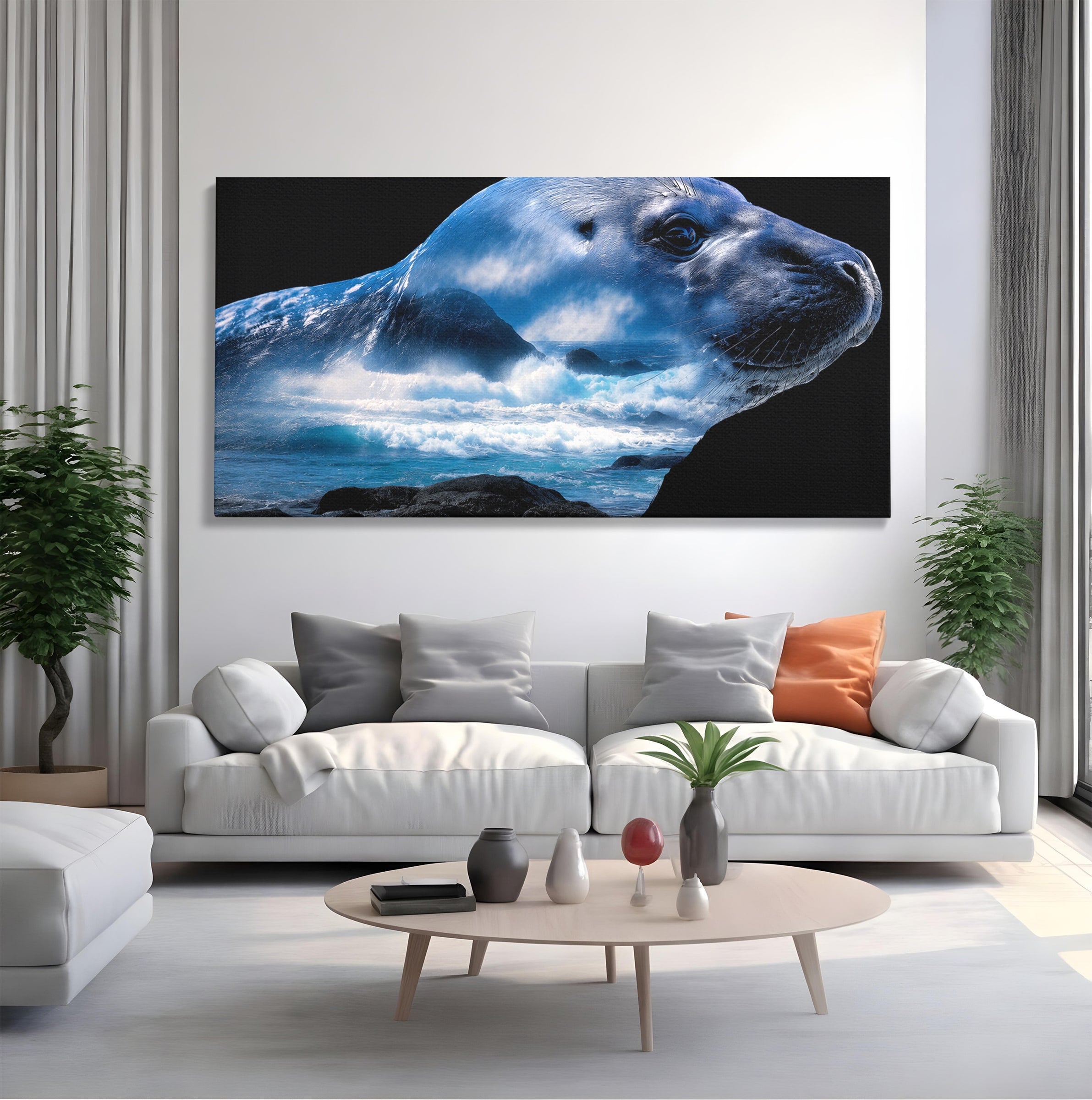 Tablou Canvas Premium LuxCanva® M1642, Foca Si Oceanul, Foca, Ocean, Natura, Peisaj Marin, Birou, Culori Vibrante