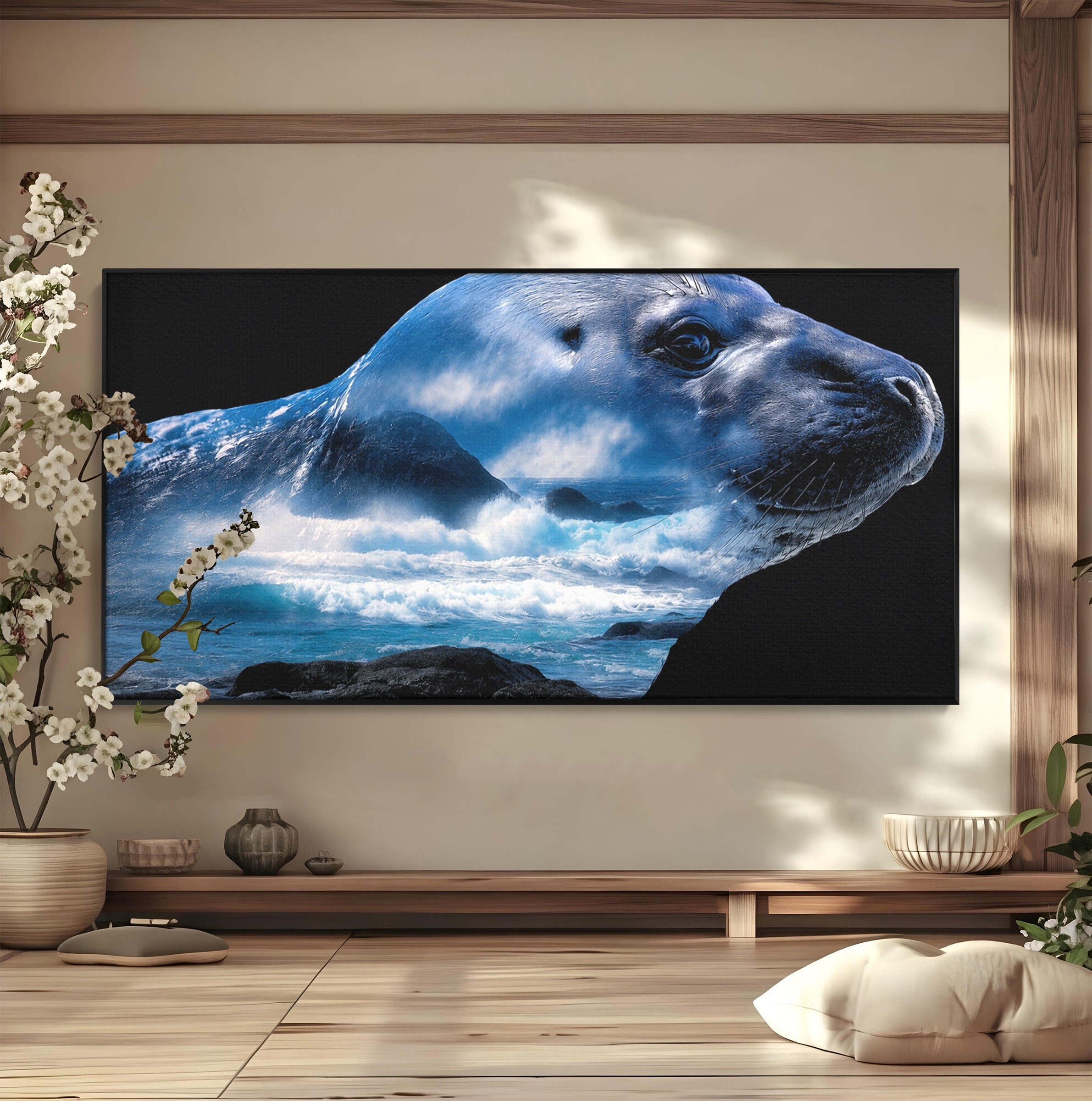 Tablou Canvas Premium LuxCanva® M1642, Foca Si Oceanul, Foca, Ocean, Natura, Peisaj Marin, Birou, Culori Vibrante