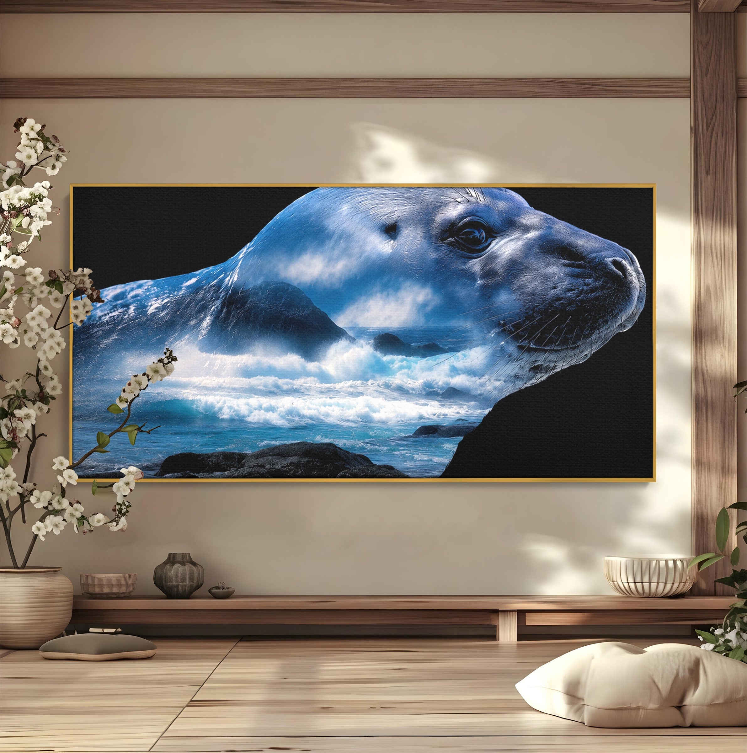 Tablou Canvas Premium LuxCanva® M1642, Foca Si Oceanul, Foca, Ocean, Natura, Peisaj Marin, Birou, Culori Vibrante
